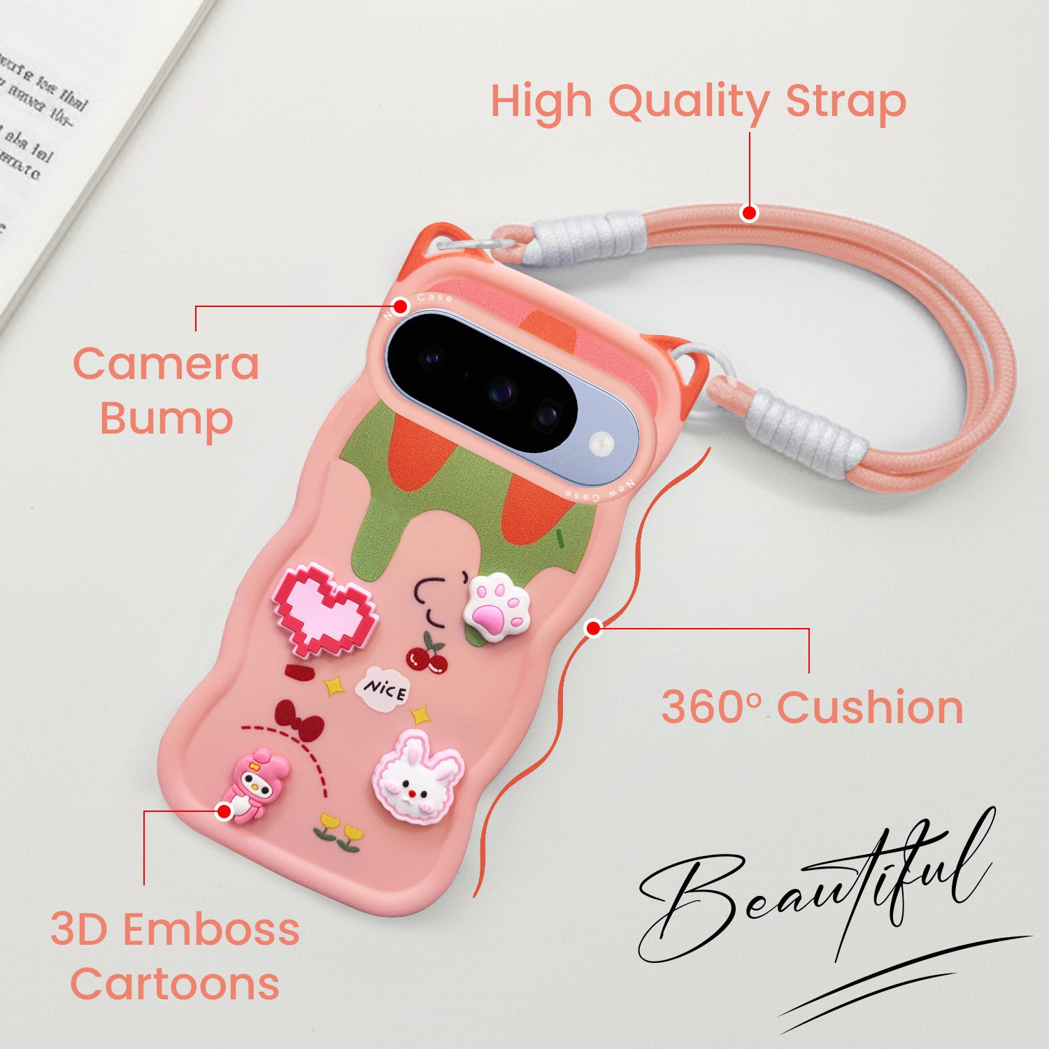 For Google Pixel 10 Back Case Cover Strap (3D Embossed Figures | Strap Holder | 360* Soft Cushion with Camera Bump)