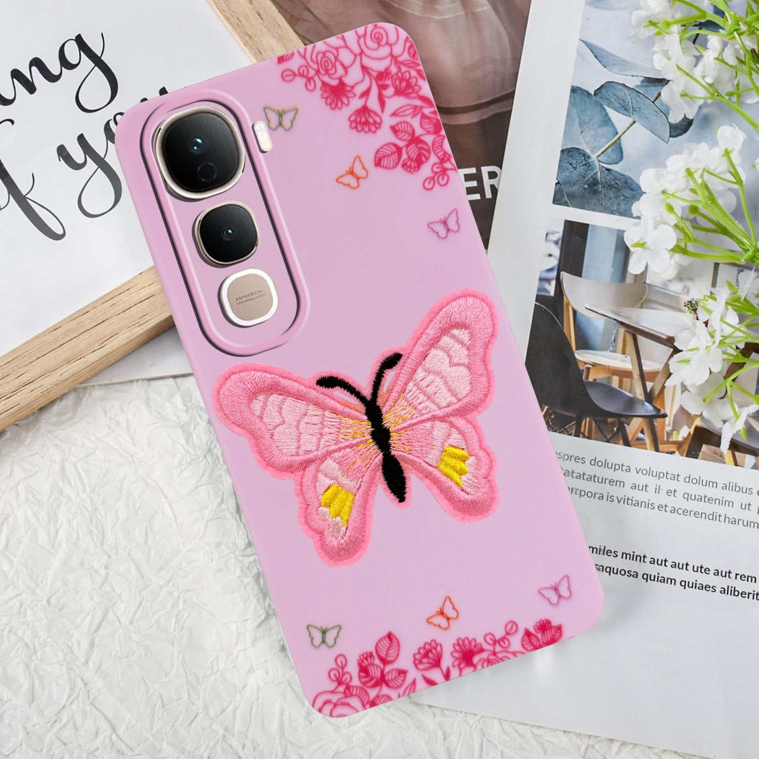 For Vivo Y400 Pro Back Cover Case (Soft Butterfly Embroidery | Women Teen Girls | Camera Protection| Matte Silicone)