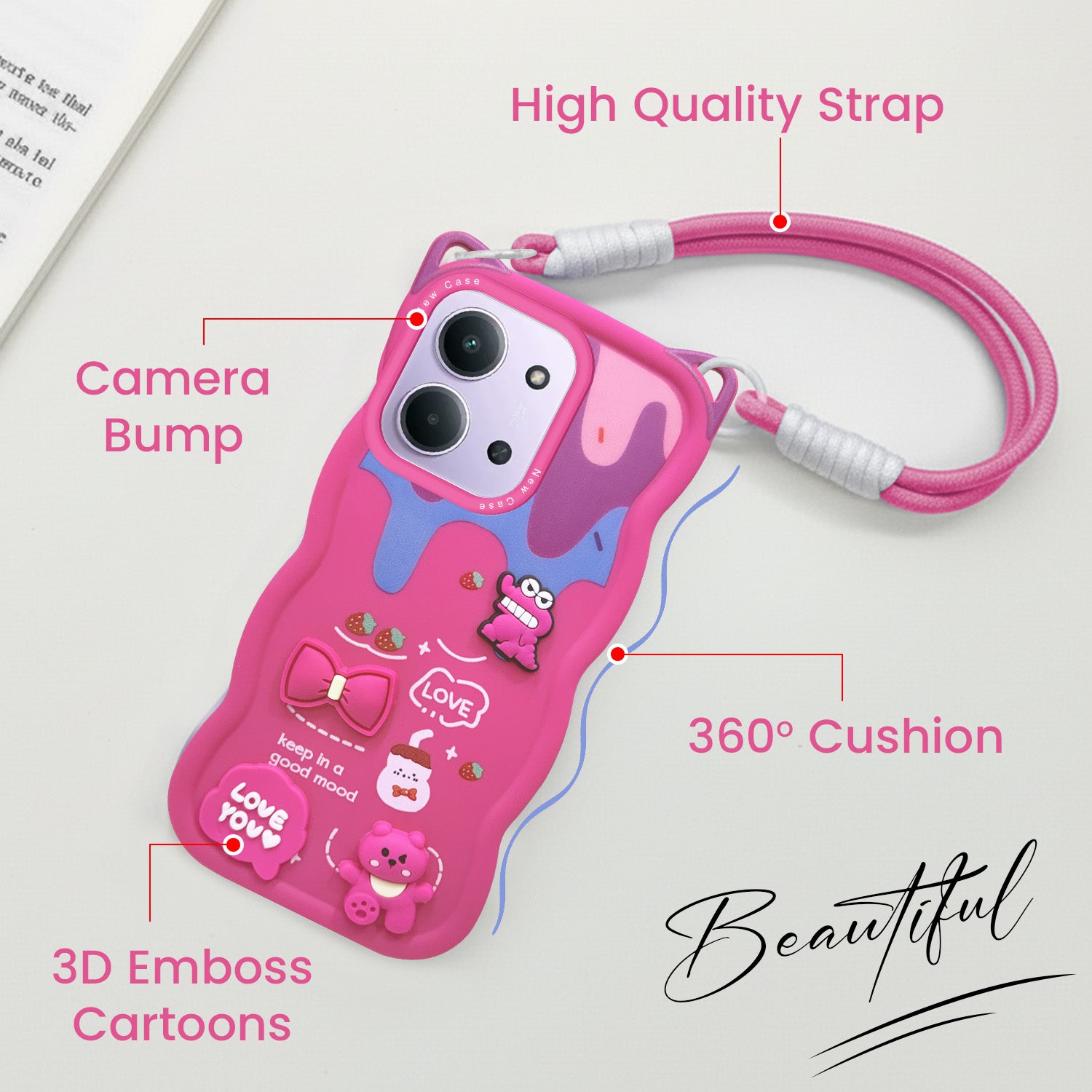 For Redmi 15C Back Case Cover (3D Embossed Figures | Strap Holder | 360* Soft Cushion with Camera Bump)