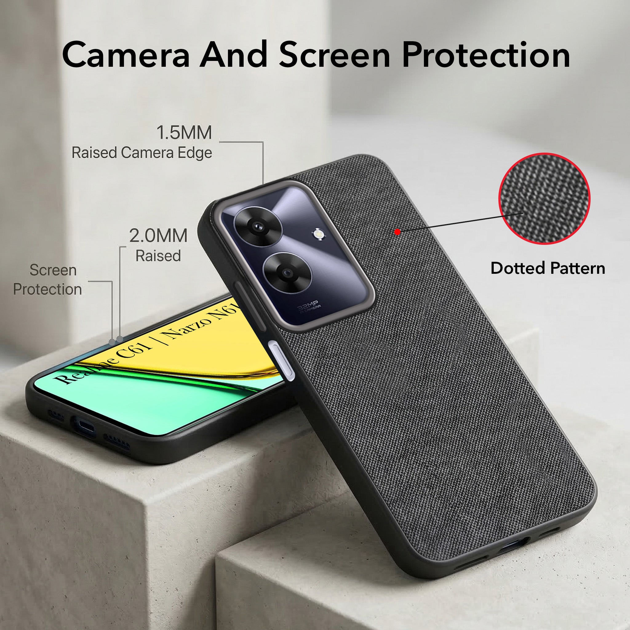 For Realme C61 | Realme Narzo N61 Combo with Back Cover and 9H Tempered Glass (Textured Grip Design | Micro-Fiber Cloth Inside | Oleophobic Coating Screen Glass)