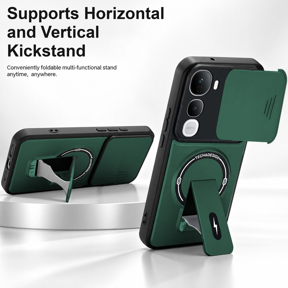 For Vivo Y400 Pro Back Case Cover Metallic (Hybrid Armor Kickstand | Sliding Shutter Camera Protection | MagSafe Compatible)