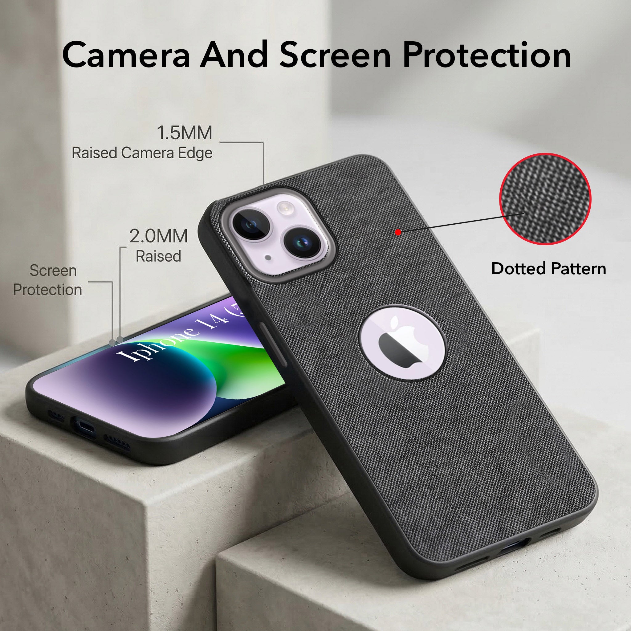 For Apple iPhone 14 Combo with Back Cover and 9H Tempered Glass (Textured Grip Design | Micro-Fiber Cloth Inside | Oleophobic Coating Screen Glass)