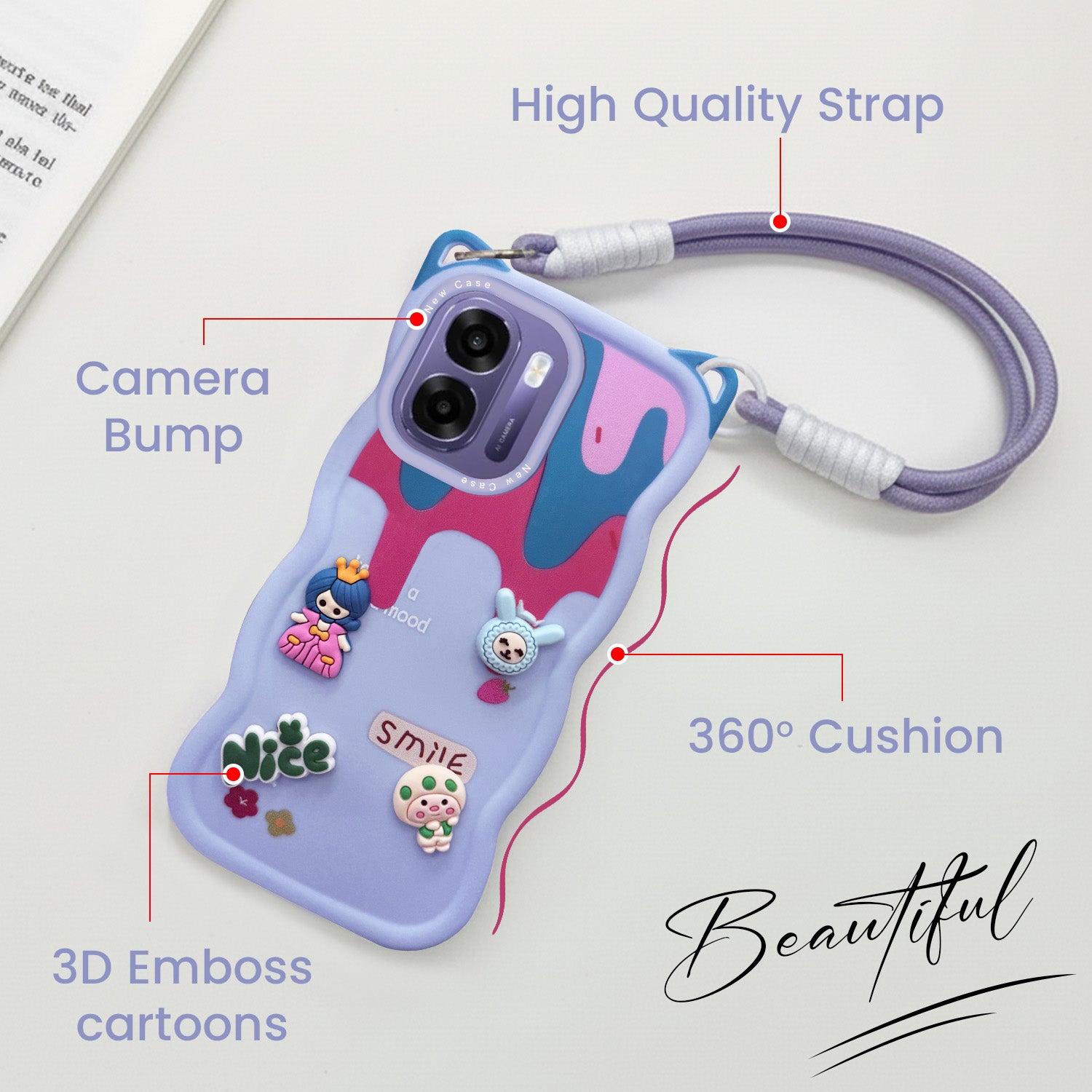 For Oppo K14x 5G Back Case Cover Strap (3D Embossed Figures | Strap Holder | 360* Soft Cushion with Camera Bump)
