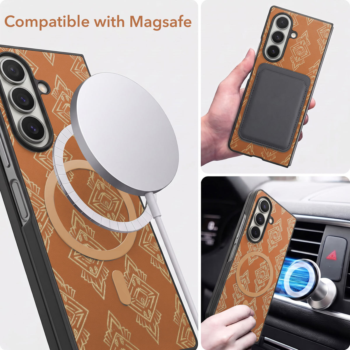 For Samsung Galaxy Z Fold 7 Back Cover Case Premium Magnetic (MagSafe Compatible | 180° Folding Design | Geometric Gold Pattern | Soft Microfiber Inner Lining)