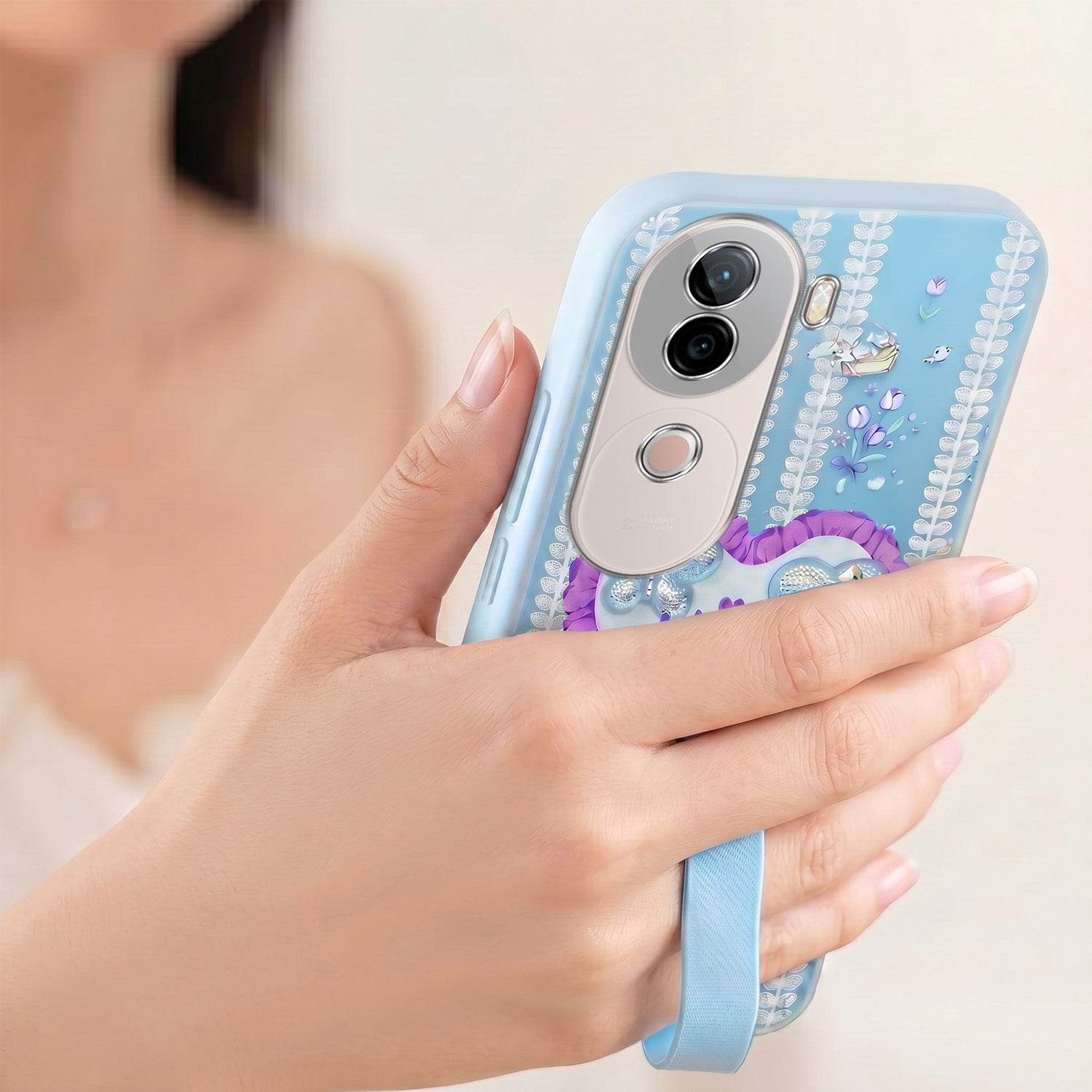 For Vivo V40e Back Cover Case (3D Cute Heart Strap Holder | Camera Protection | Designer Girls Print)