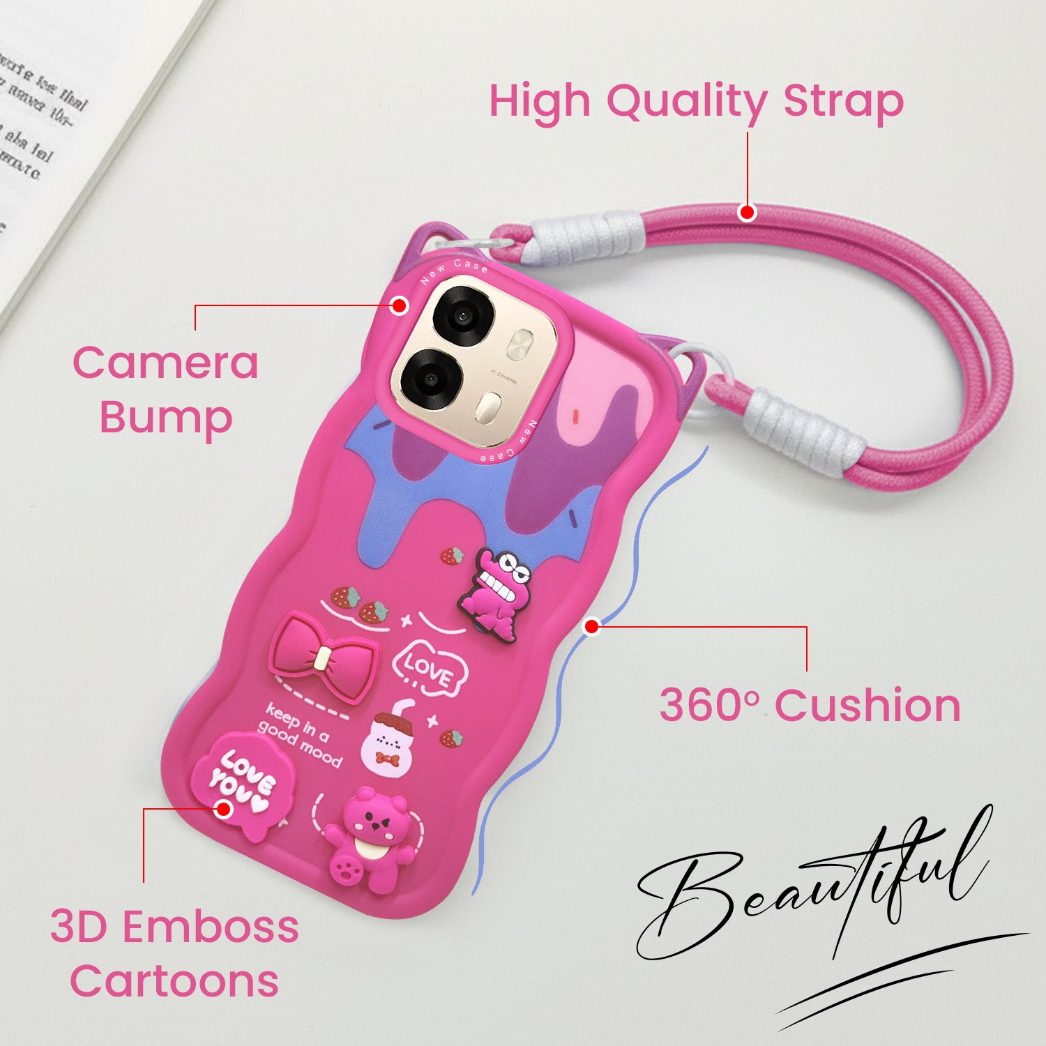 For Oppo A6 Pro Back Case Cover Strap (3D Embossed Figures | Strap Holder | 360* Soft Cushion with Camera Bump)