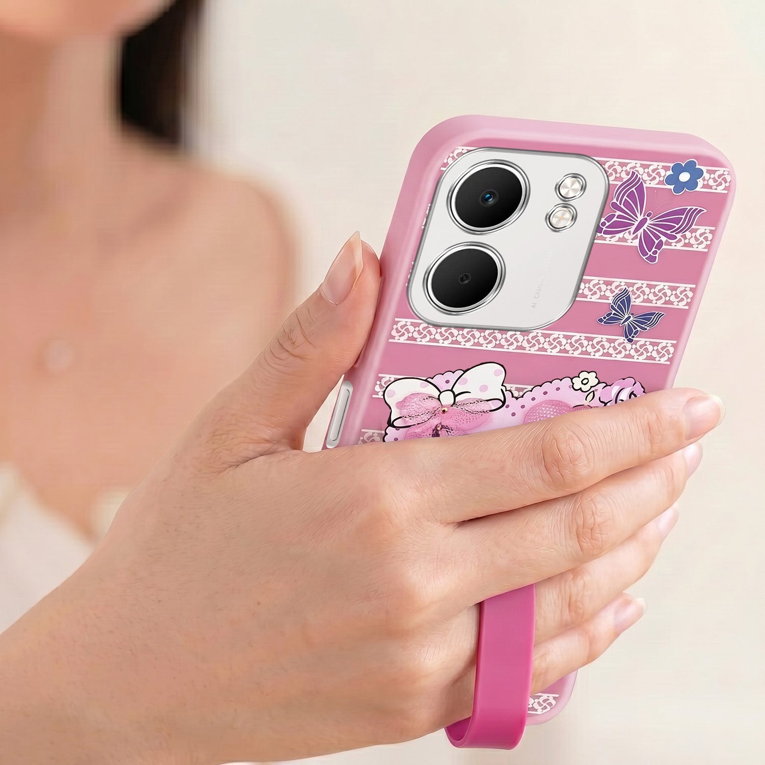 For Oppo A5X Back Cover Case (3D Cute Heart Strap Holder | Camera Protection | Designer Girls Print)
