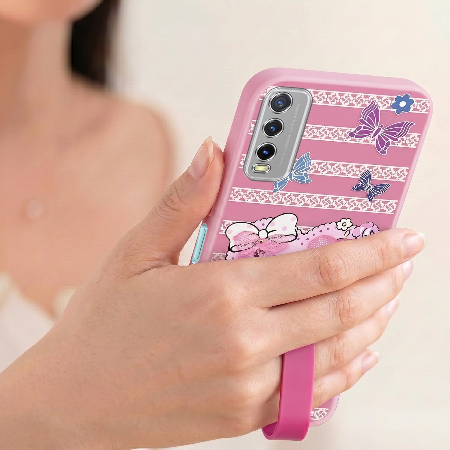 For Vivo Y20A | Y20T | Y20G Back Cover Case (3D Cute Heart Strap Holder | Camera Protection | Designer Girls Print)