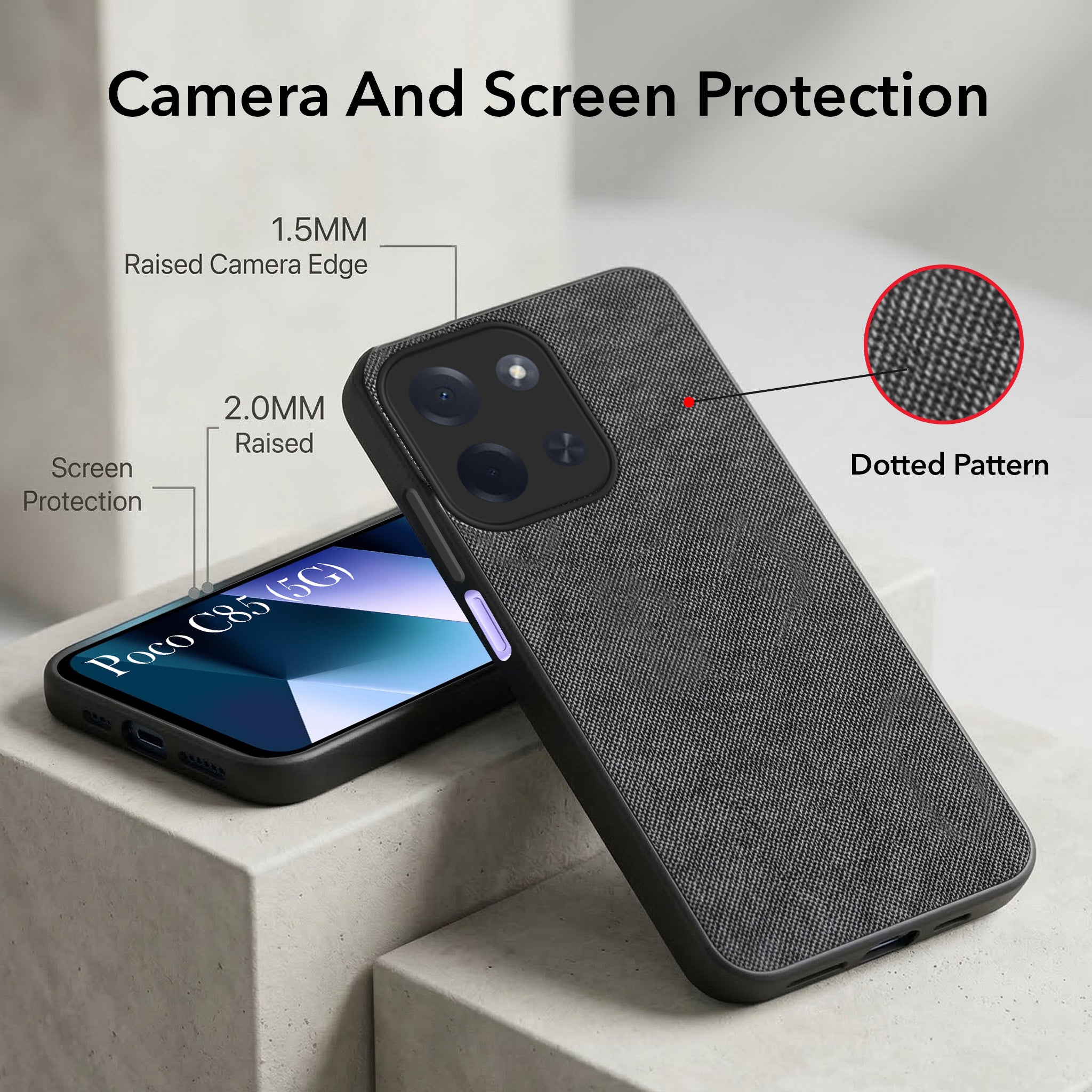 For Poco C85 5G Combo with Back Cover and 9H Tempered Glass (Textured Grip Design | Micro-Fiber Cloth Inside | Oleophobic Coating Screen Glass)