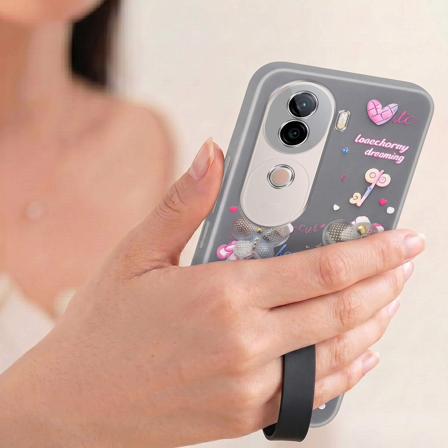 For Vivo V40e Back Cover Case (3D Cute Heart Strap Holder | Camera Protection | Designer Girls Print)