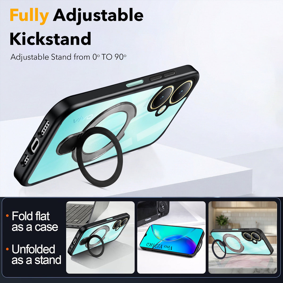 For Vivo Y27 Back Cover Case (Kick Stand Ring Holder | Life time Anti Yellow | Camera Protection)