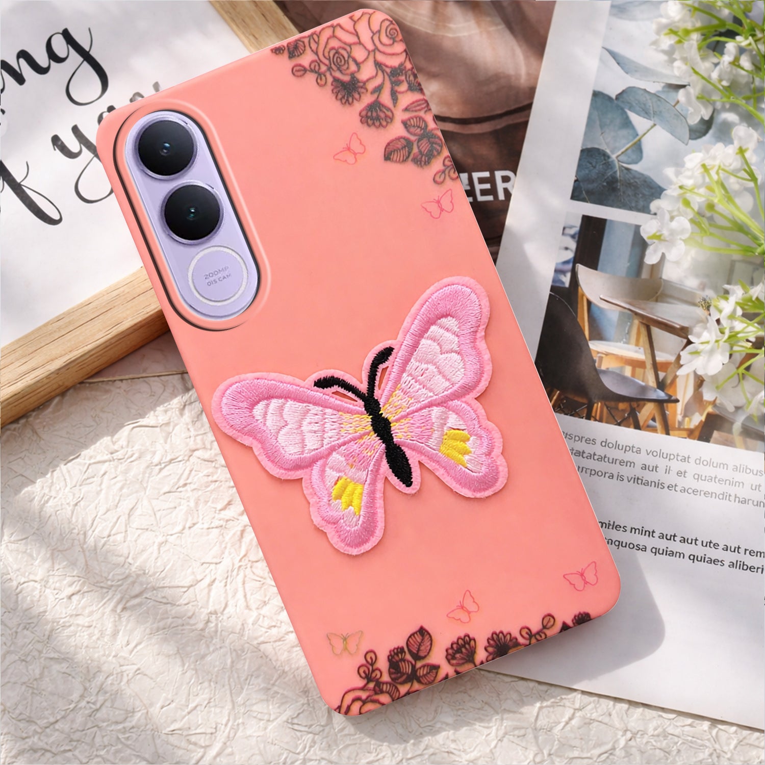 For Vivo V70 FE 5G Back Cover Case (Soft Butterfly Embroidery | Women Teen Girls | Camera Protection| Matte Silicone)