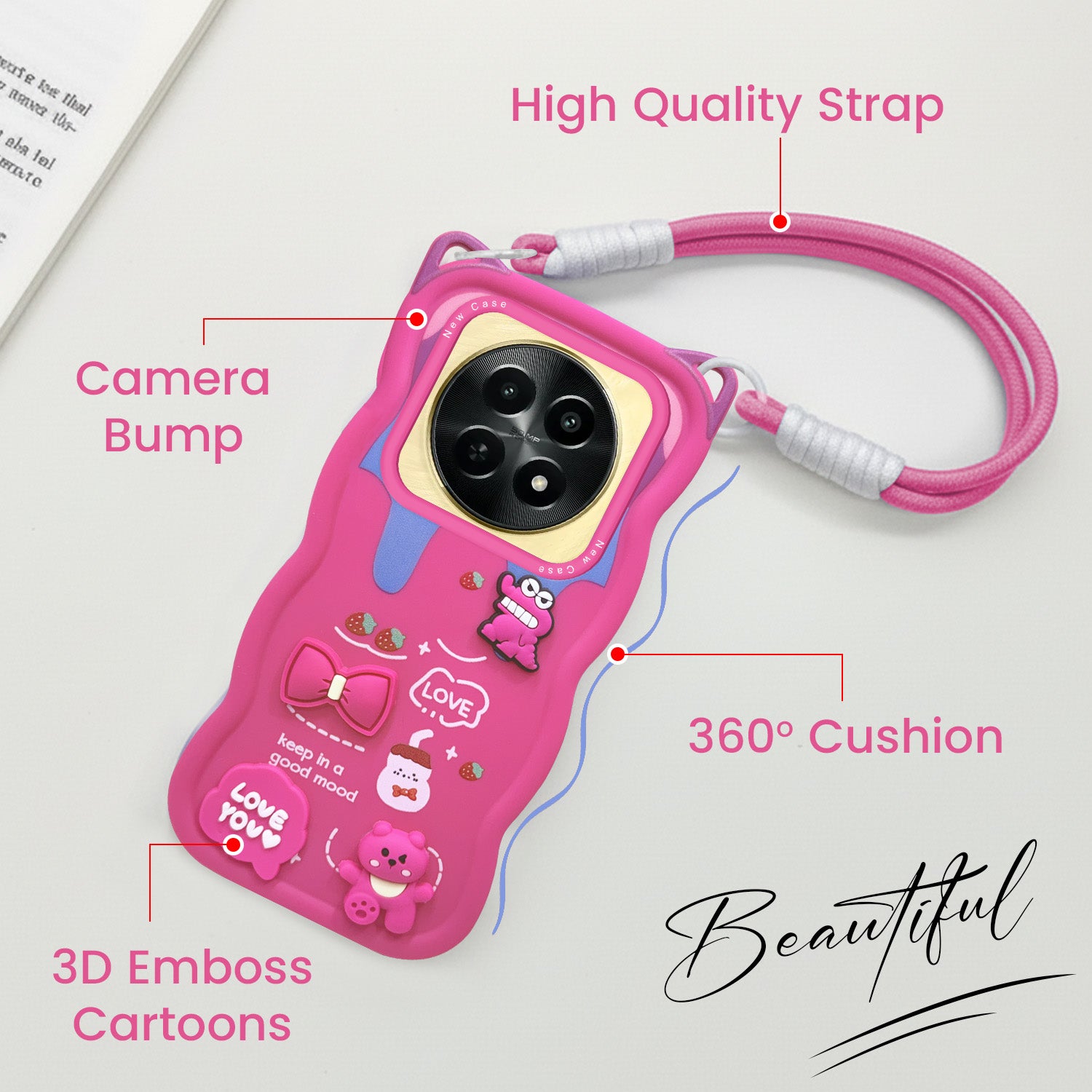 For Realme Narzo N65 5G Back Case Cover Strap (3D Embossed Figures | Strap Holder | 360* Soft Cushion with Camera Bump)
