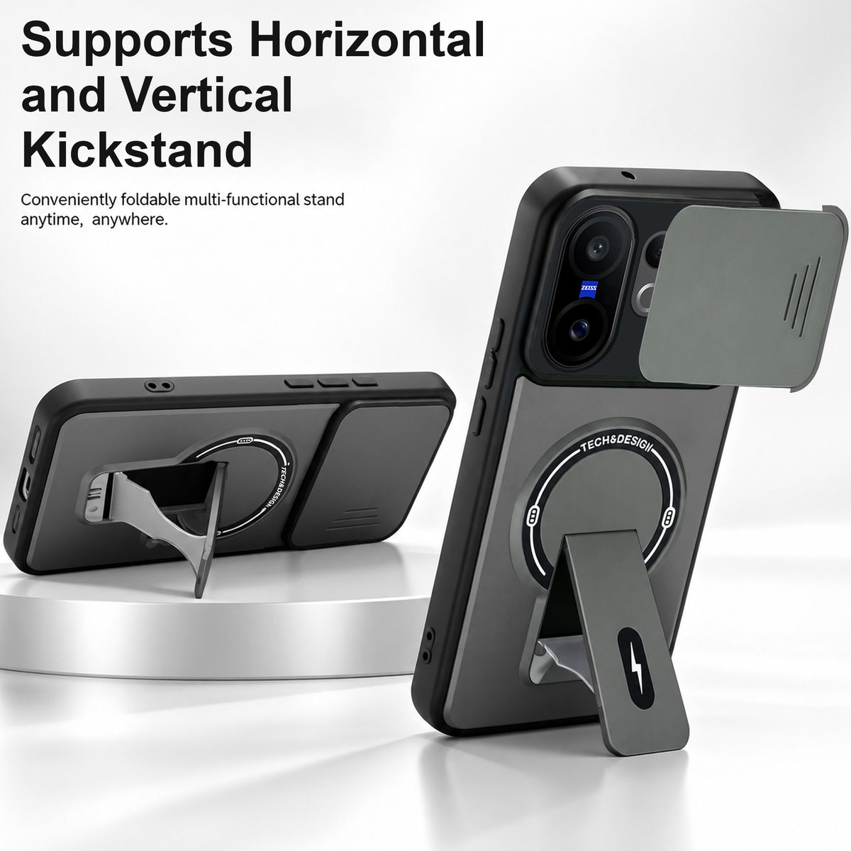 For Vivo X200 FE Back Case Cover Metallic (Hybrid Armor Kickstand | Sliding Shutter Camera Protection | MagSafe Compatible)