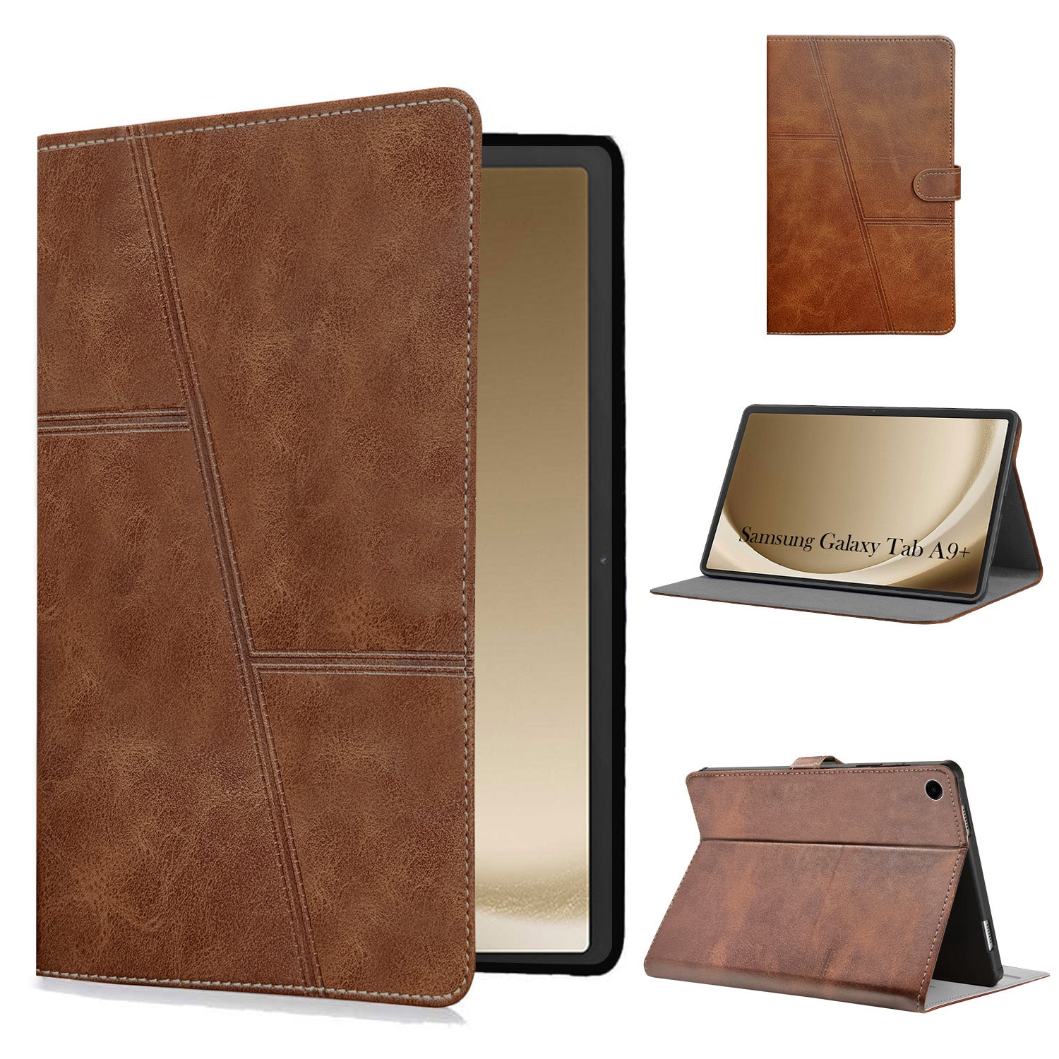 For Flip Cover Folio Case Samsung Galaxy Tab A9+ (SM-X210, SM-X215, SM-X216B) 12 Inch (PU Leather | Multi-Angle Smart Stand | Card Storage Slots | Silicone Back Pouch)