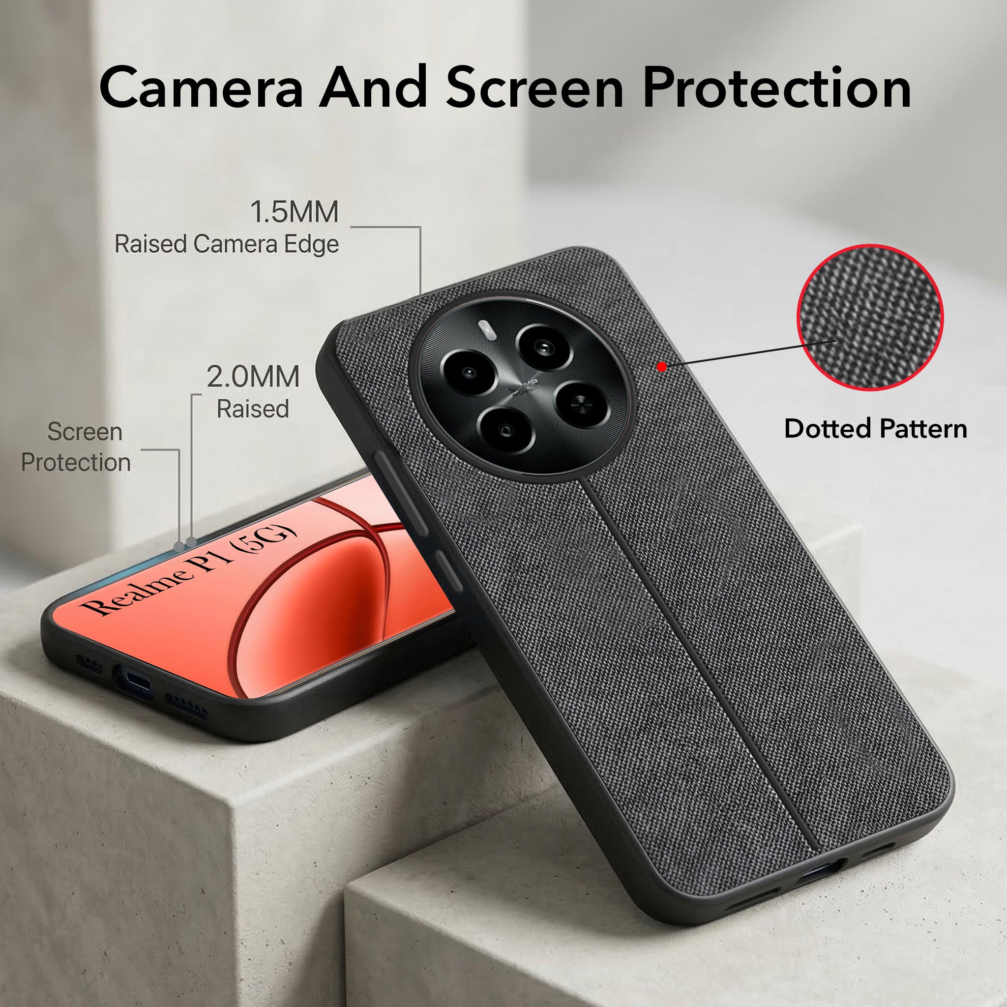 For Realme P1 5G Combo with Back Cover and 9H Tempered Glass (Textured Grip Design | Micro-Fiber Cloth Inside | Oleophobic Coating Screen Glass)