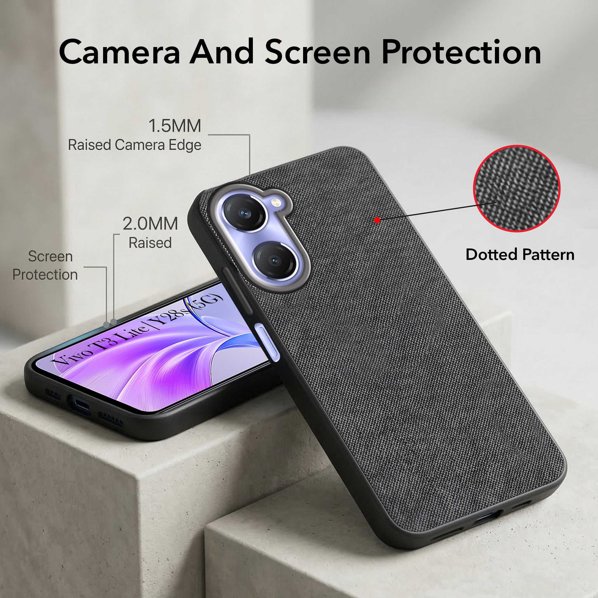 For Vivo Y28s 5G | Vivo T3 Lite 5G Combo (Textured Grip Design | Micro-Fiber Cloth Inside | Oleophobic Coating Screen Glass)