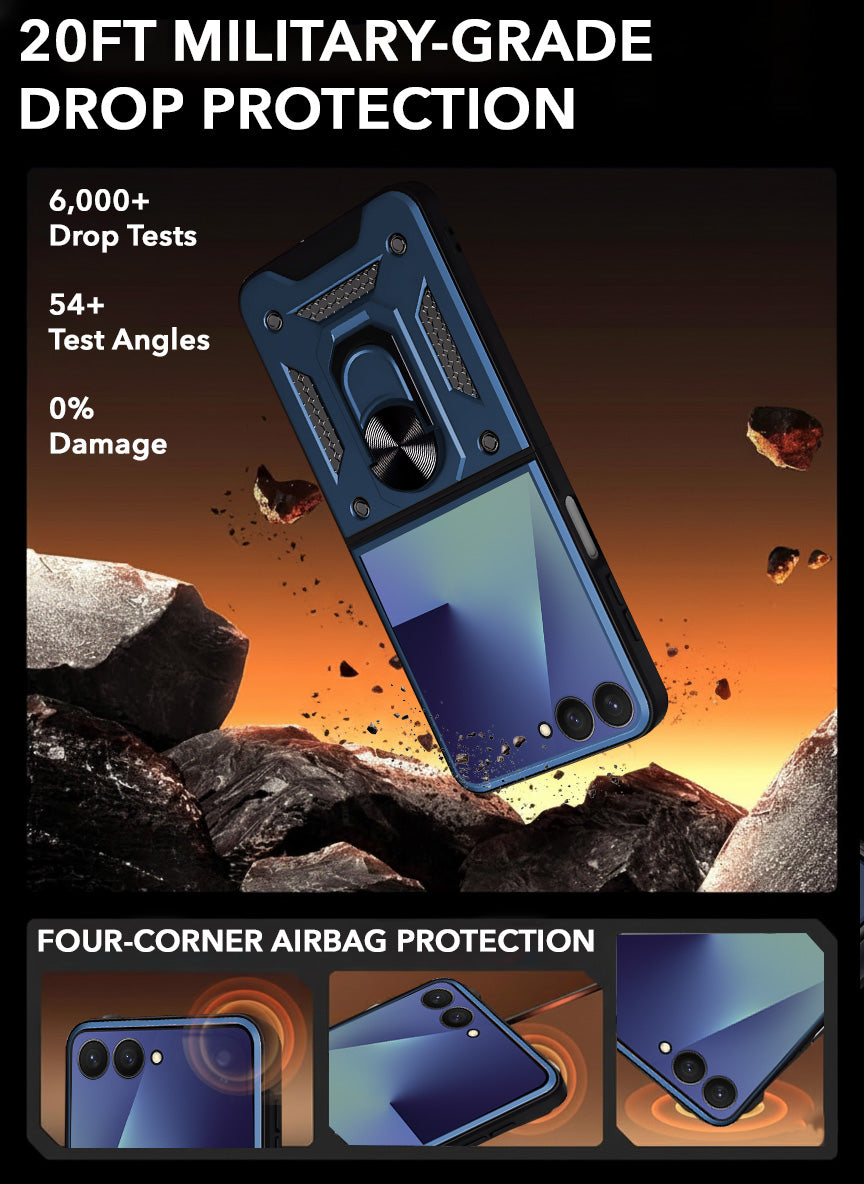 For Samsung Galaxy Z Flip 7 Hybrid Armor (Sliding Shutter Camera Protection | Polycarbonate |Ring Holder Kickstand)