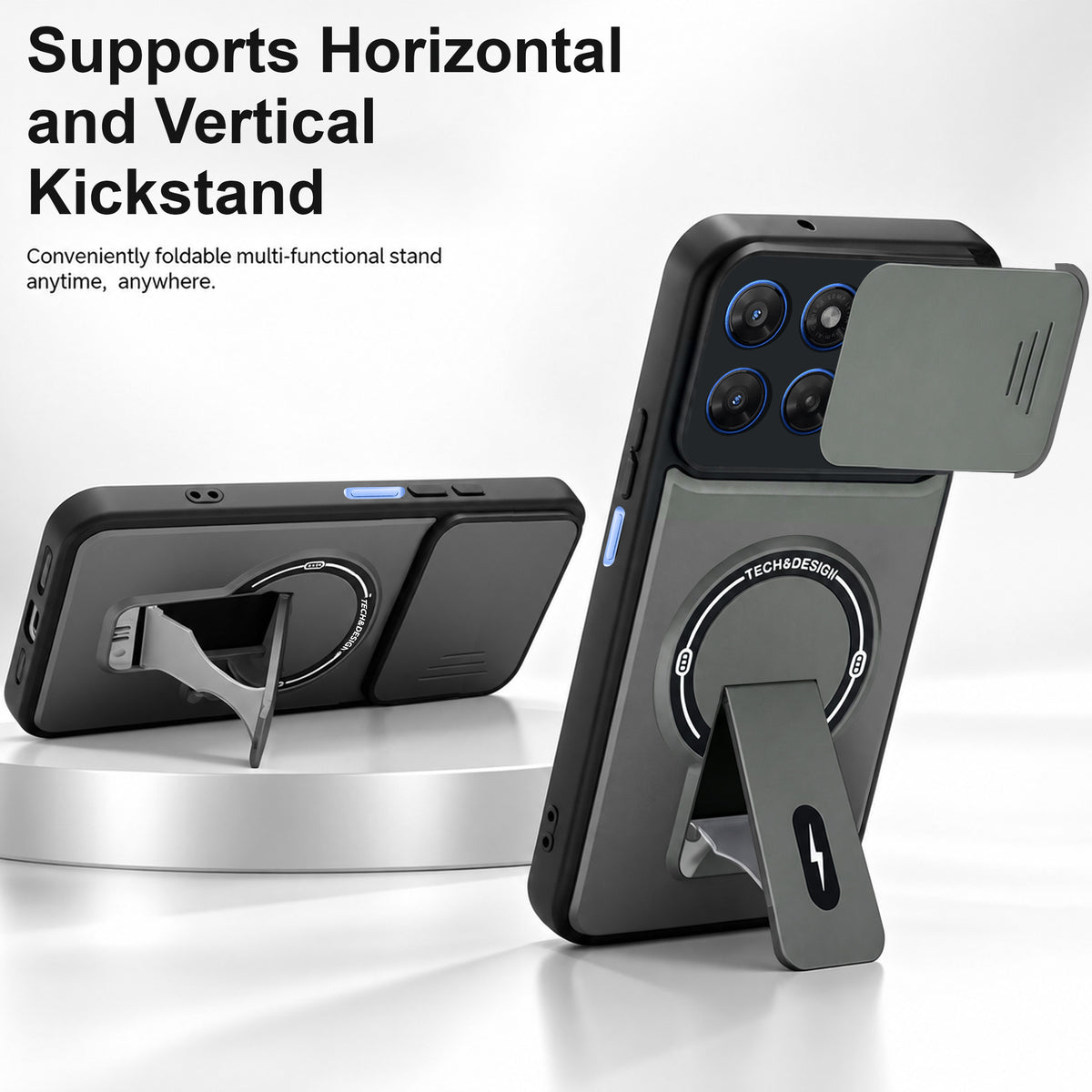 For Motorola Moto G37 Power Back Case Cover Metallic (Hybrid Armor Kickstand | Sliding Shutter Camera Protection | MagSafe Compatible)