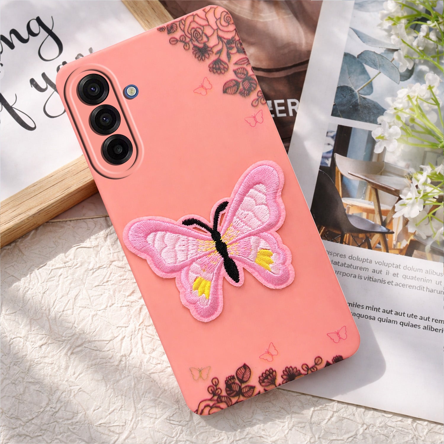 For Samsung Galaxy A17 | Samsung F17 | Samsung M17 5G Back Cover Case (Soft Butterfly Embroidery | Women Teen Girls | Camera Protection| Matte Silicone)