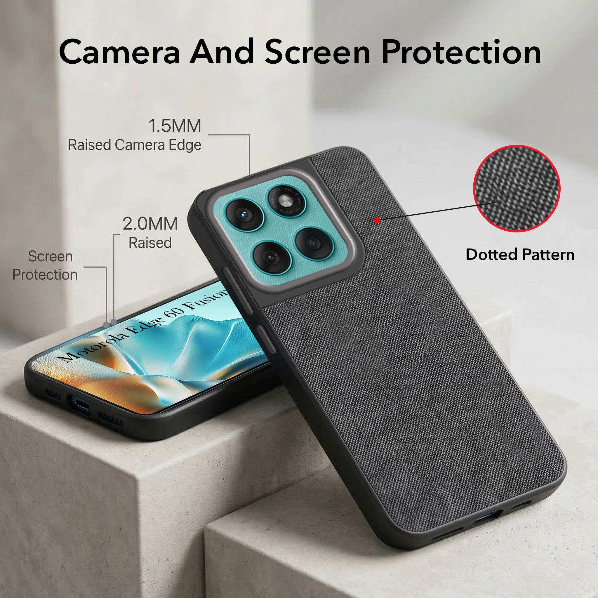 For Motorola Moto Edge 60 Fusion Combo with Back Cover and 9H Tempered Glass (Textured Grip Design | Micro-Fiber Cloth Inside | Oleophobic Coating Screen Glass)