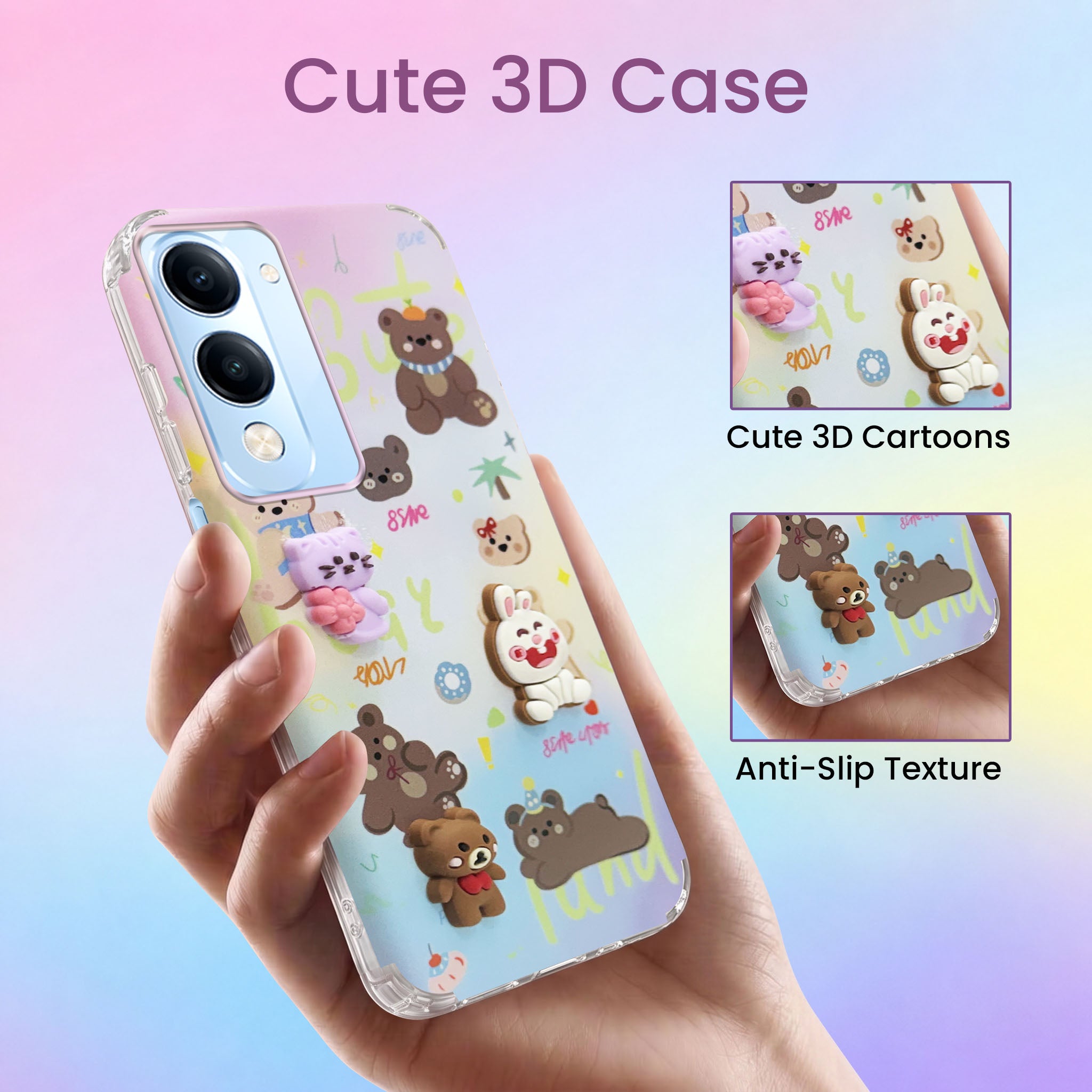 For Vivo iQOO Z10 Lite Back Cover Case (3D Cute Cartoons | Hard Back Side Soft | Matte Premium Finish | HD Printing)