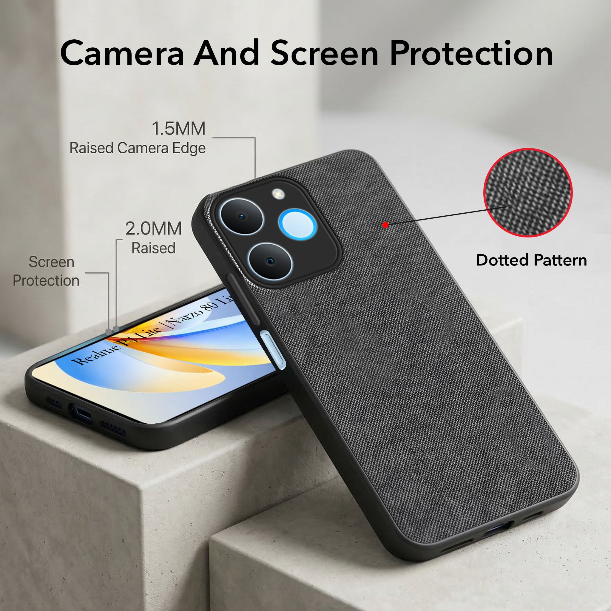 For Realme P4 Lite | Realme Narzo 80 Lite 4G Combo (Textured Grip Design | Micro-Fiber Cloth Inside | Oleophobic Coating Screen Glass)