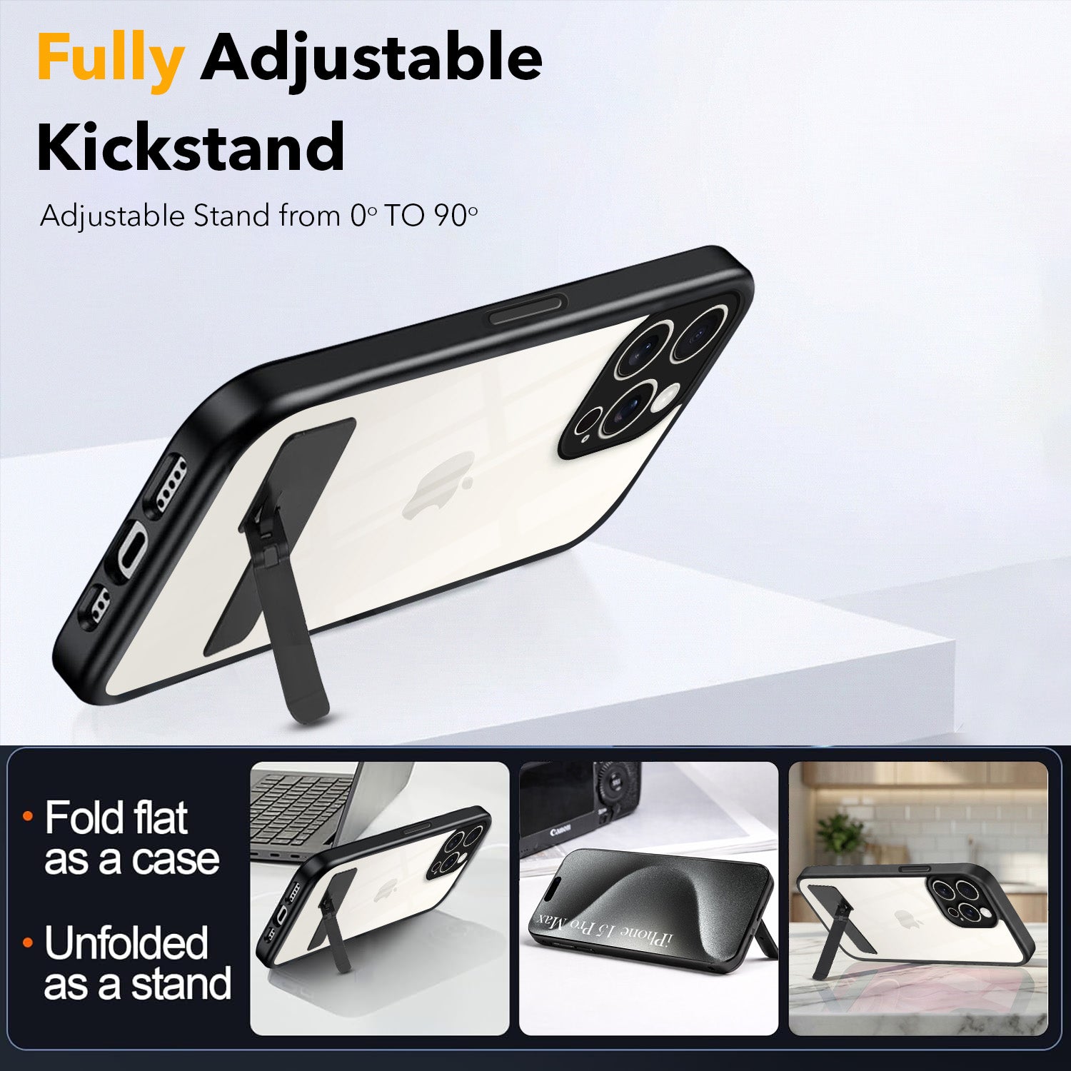 For Apple iPhone 15 Pro Max Back Cover Case (Built-in Stand | Lifetime Anti Yellow | Kickstand Shockproof | Camera Protection | MagSafe Compatible)