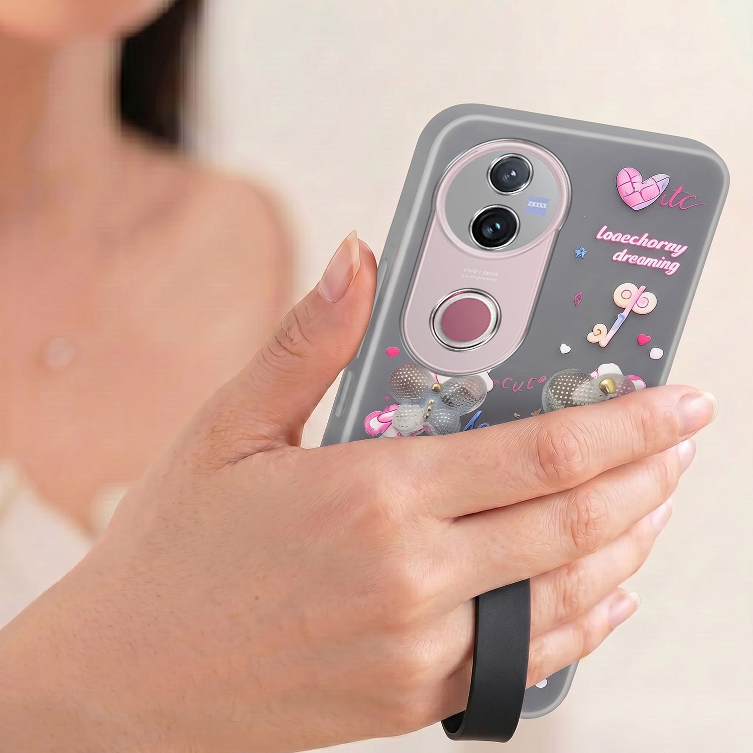 For Vivo V50 | Vivo V50e Back Cover Case (3D Cute Heart Strap Holder | Camera Protection | Designer Girls Print)