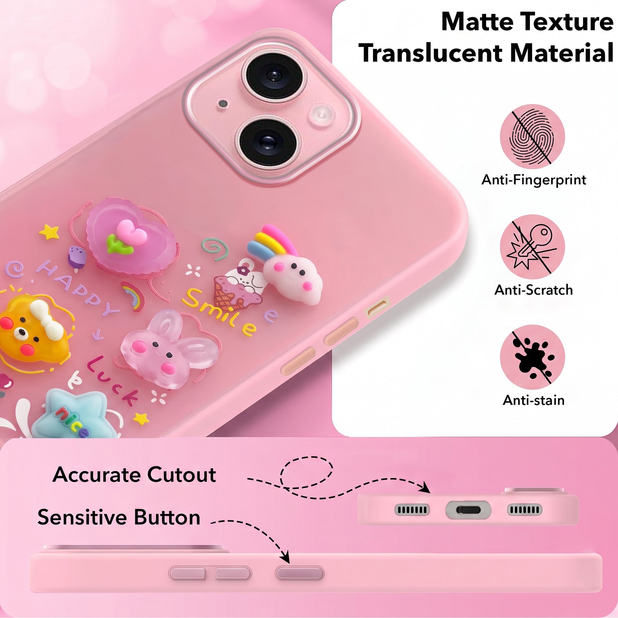 For Apple iPhone 15 Back Cover Case (3D Cute Cartoons | Hard Back Side Soft | Matte Premium Finish | HD Printing)