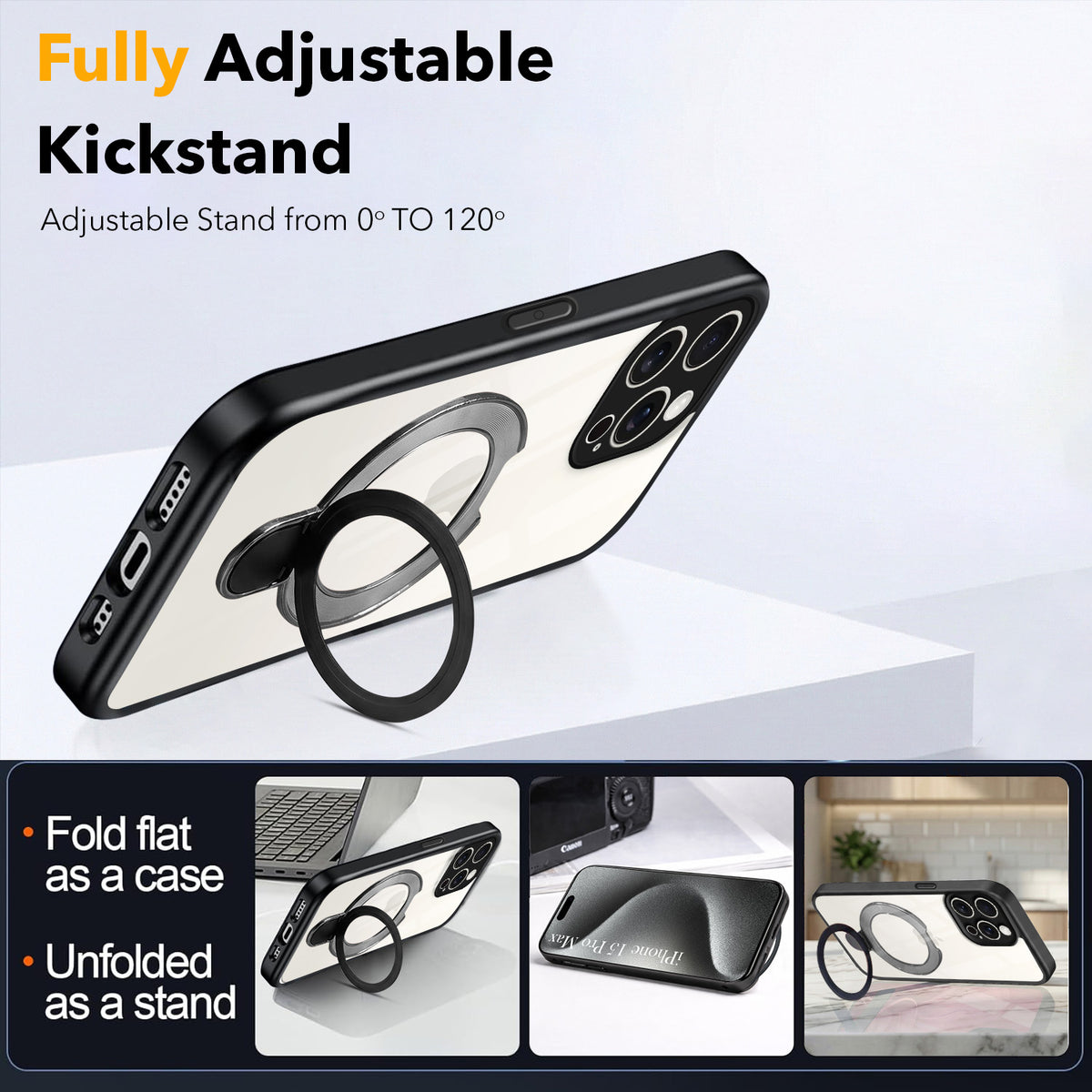 For Apple iPhone 15 Pro Max Back Cover Case (Kick Stand Ring Holder | Life time Anti Yellow | Camera Protection)