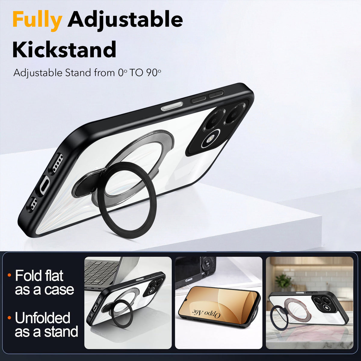 For Oppo A6c 4G Back Cover Case (Kick Stand Ring Holder | Life time Anti Yellow | Camera Protection)