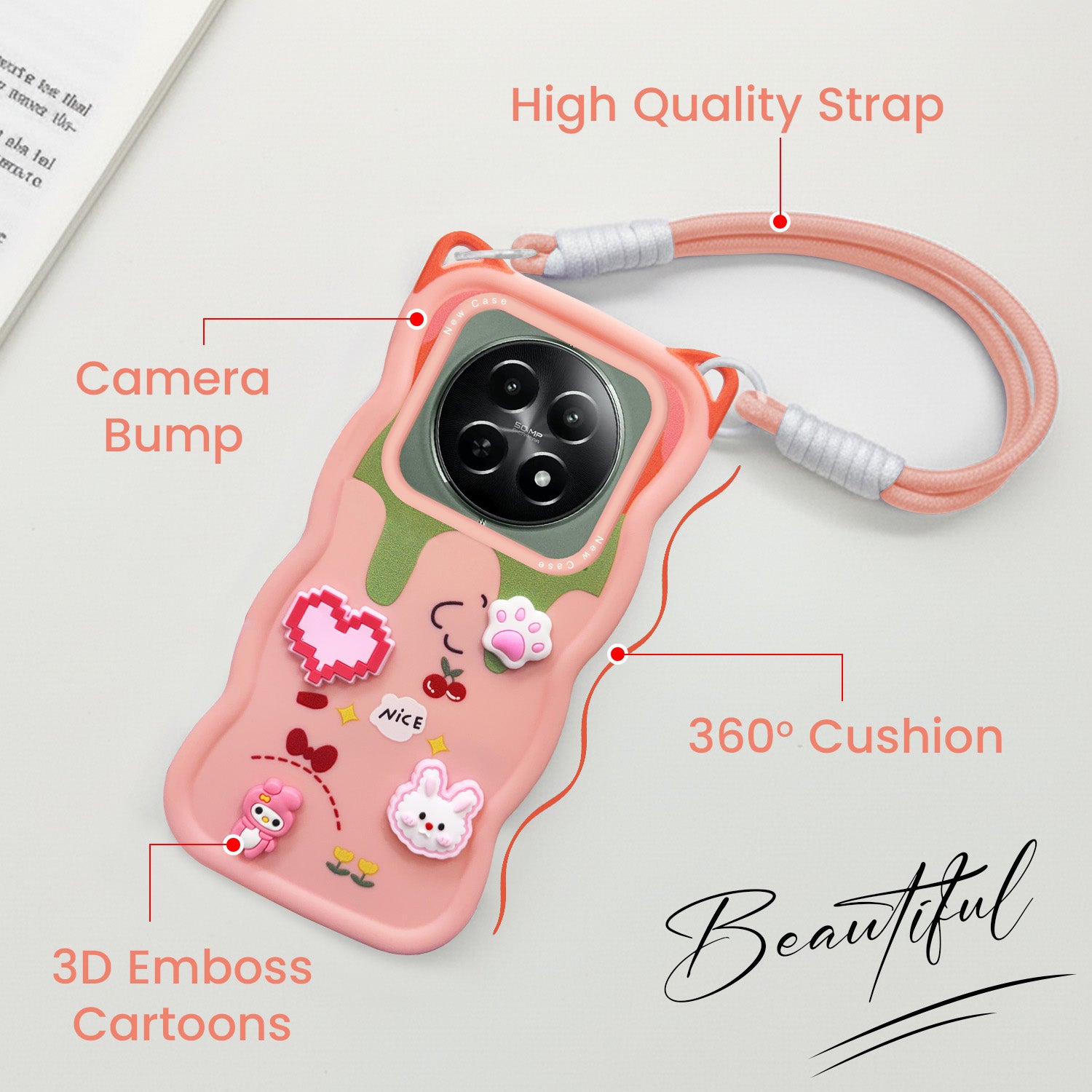 For Realme 12 | Realme 12X Back Case Cover Strap (3D Embossed Figures | Strap Holder | 360* Soft Cushion with Camera Bump)