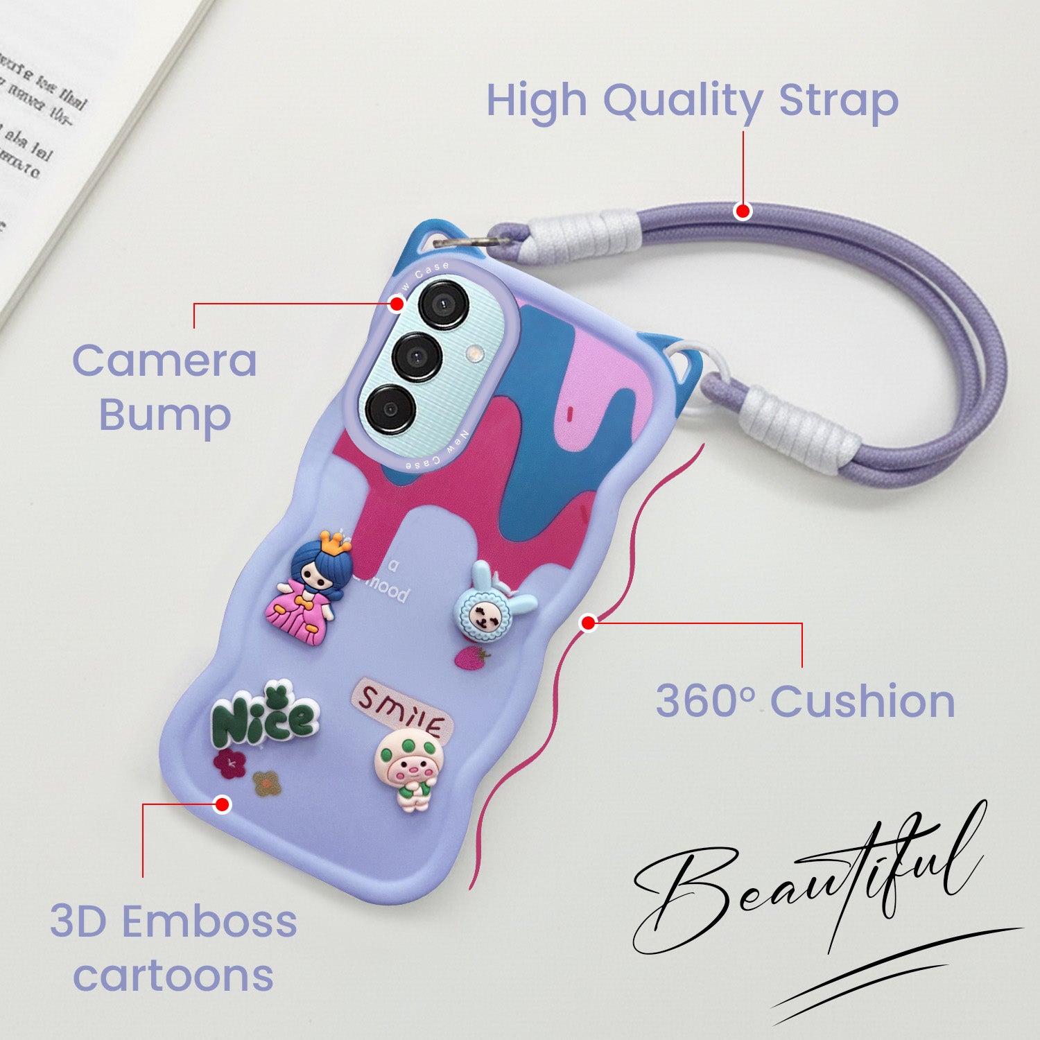 For Samsung Galaxy M15 5G Back Case Cover Strap (3D embossed Figures | Strap Holder | 360* Soft Cushion with Camera Bump)