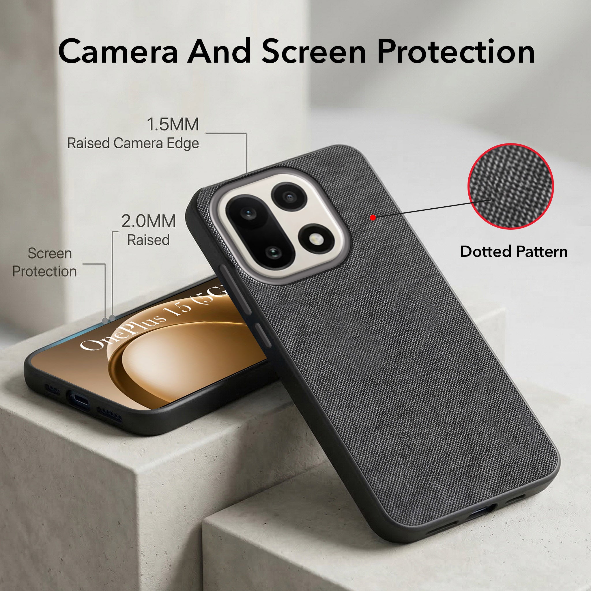 For OnePlus 15 5G Combo with Back Cover and 9H Tempered Glass (Textured Grip Design | Micro-Fiber Cloth Inside | Oleophobic Coating Screen Glass)