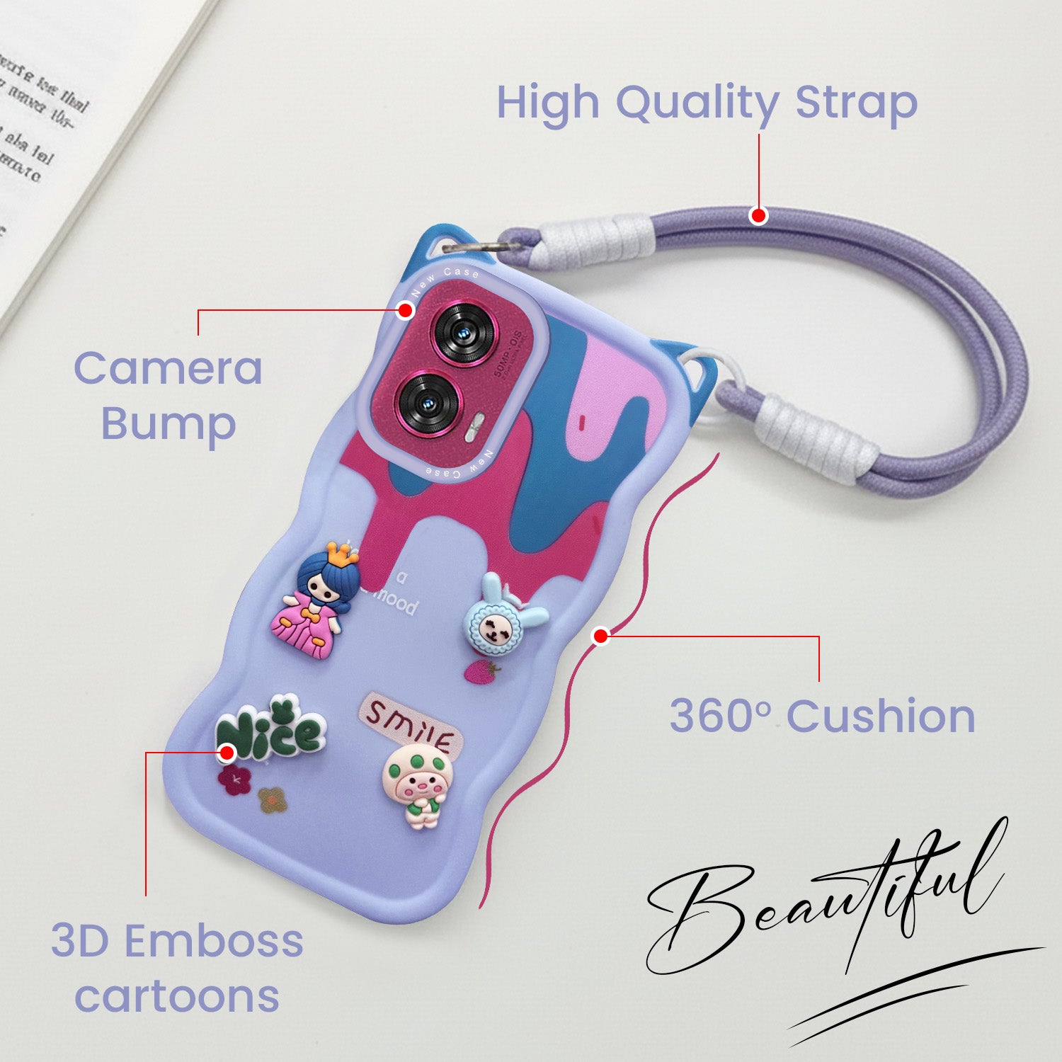 For Motorola Moto Edge 50 Fusion Back Case Cover Strap (3D embossed Figures | Strap Holder | 360* Soft Cushion with Camera Bump)