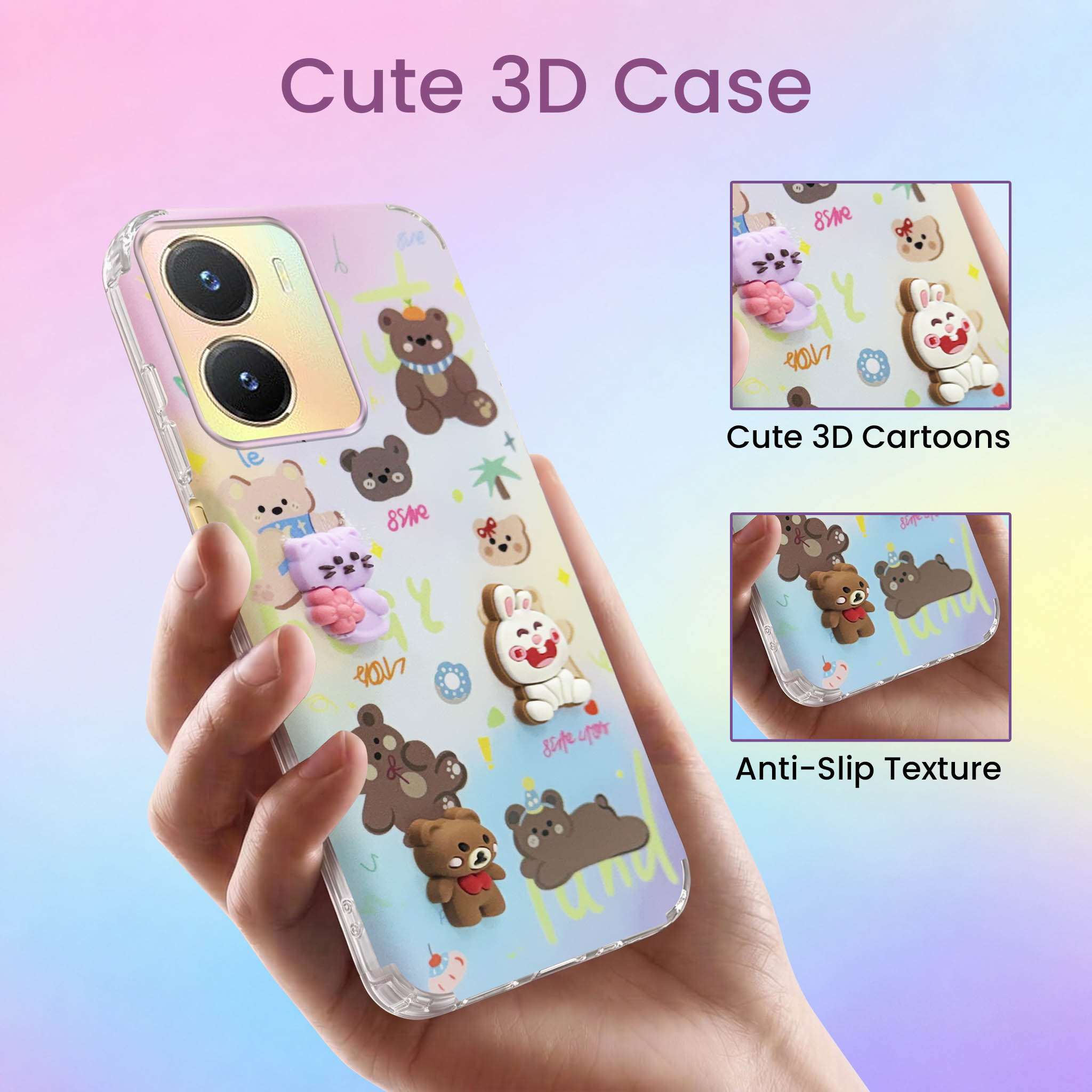 For Vivo T2x Back Cover Case (3D Cute Cartoons | Hard Back Side Soft | Matte Premium Finish | HD Printing)