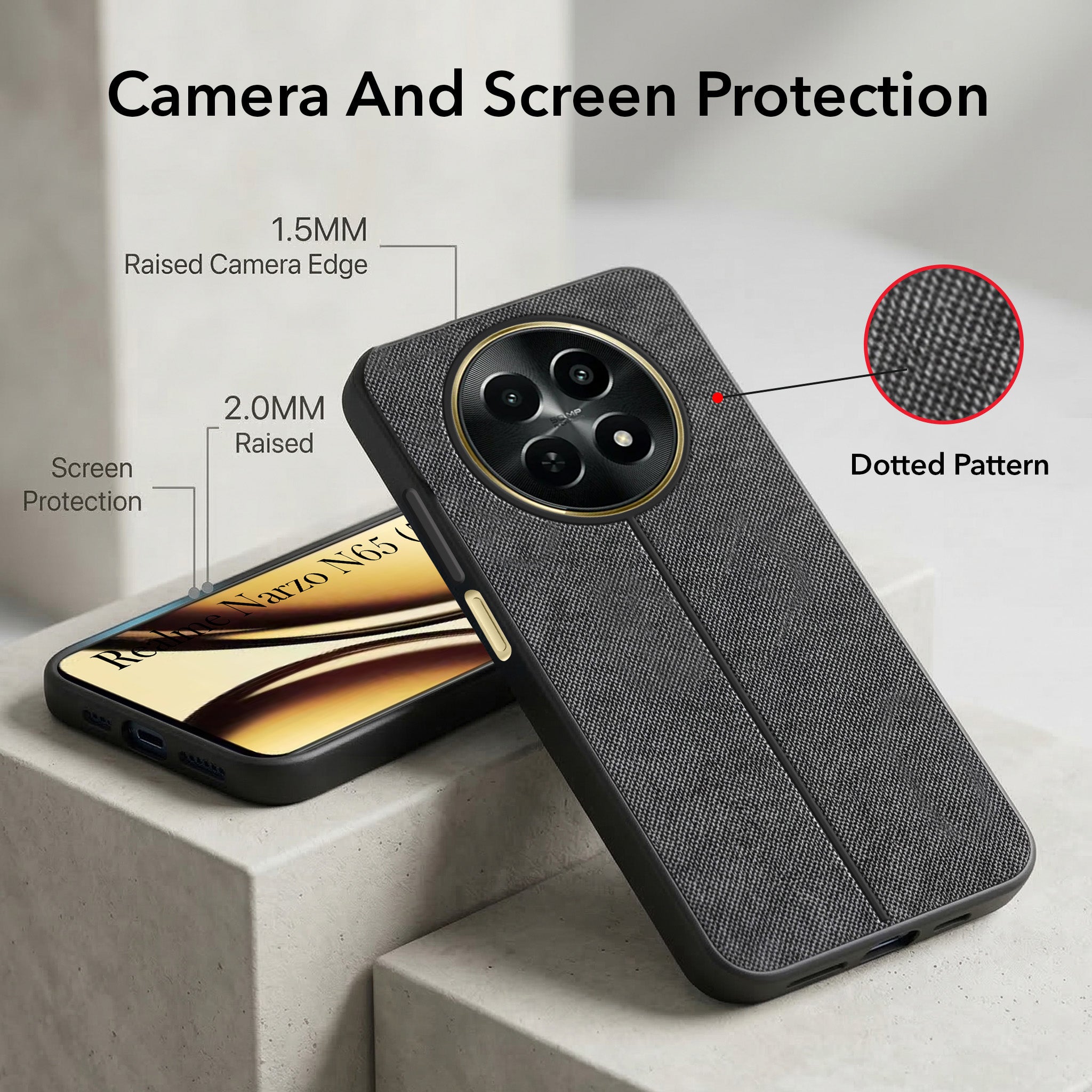 For Realme Narzo N65 5G Combo with Back Cover and 9H Tempered Glass (Textured Grip Design | Micro-Fiber Cloth Inside | Oleophobic Coating Screen Glass)