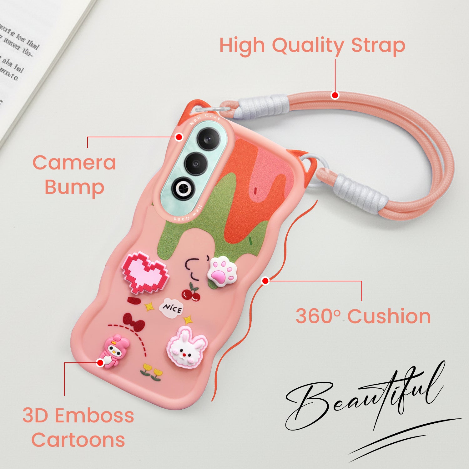 For Oneplus Nord CE 4 Back Case Cover Strap (3D embossed Figures | Strap Holder | 360* Soft Cushion with Camera Bump)