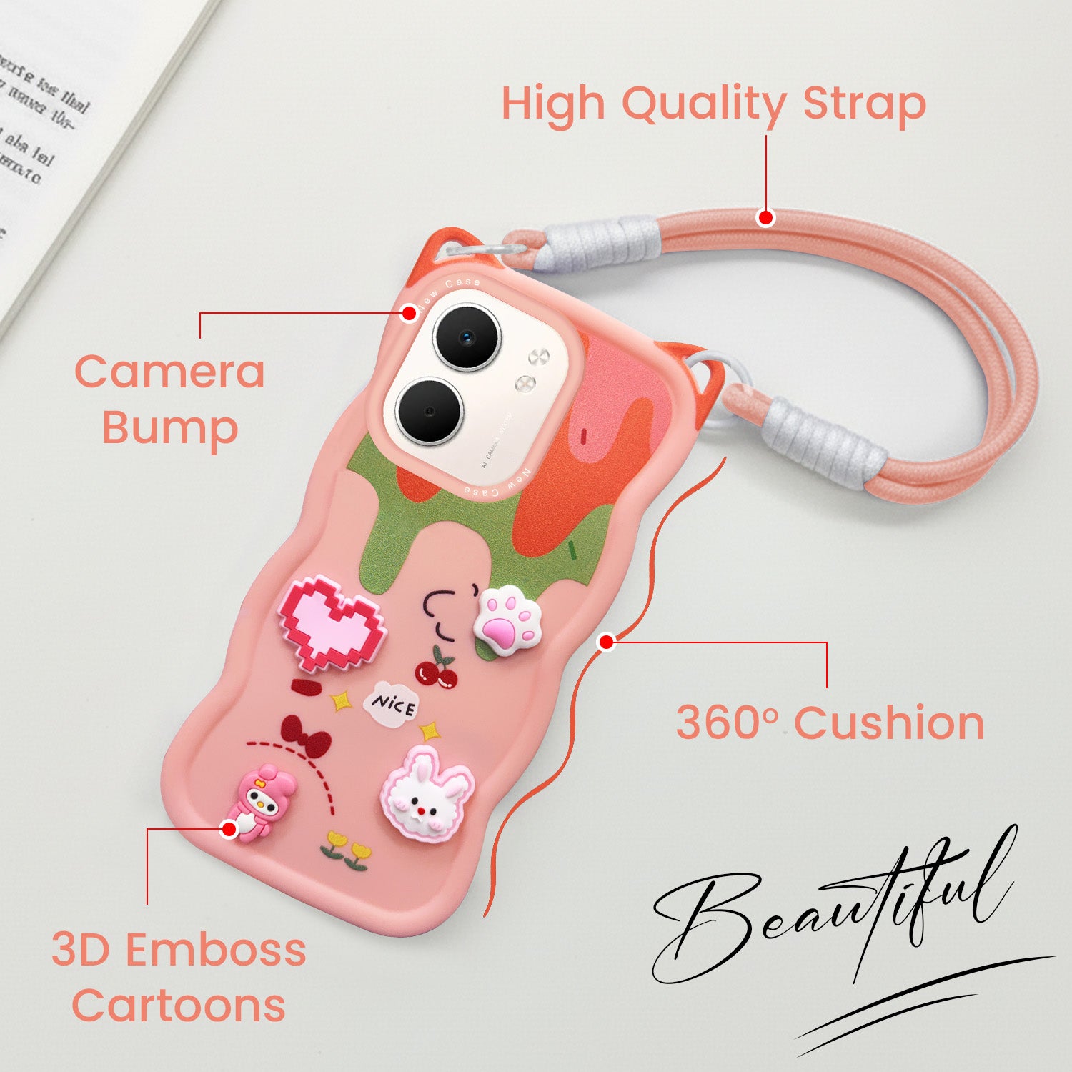 For Oppo A5X Back Case Cover Strap (3D embossed Figures | Strap Holder | 360* Soft Cushion with Camera Bump)