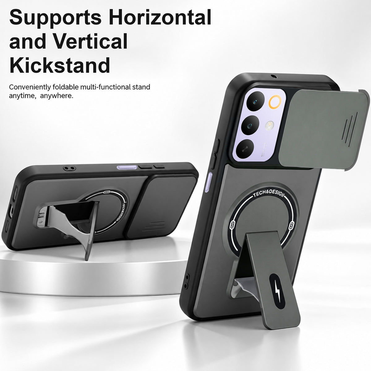 For Realme C85 5G | Realme Narzo 90x Back Case Cover Metallic (Hybrid Armor Kickstand | Sliding Shutter Camera Protection | MagSafe Compatible)