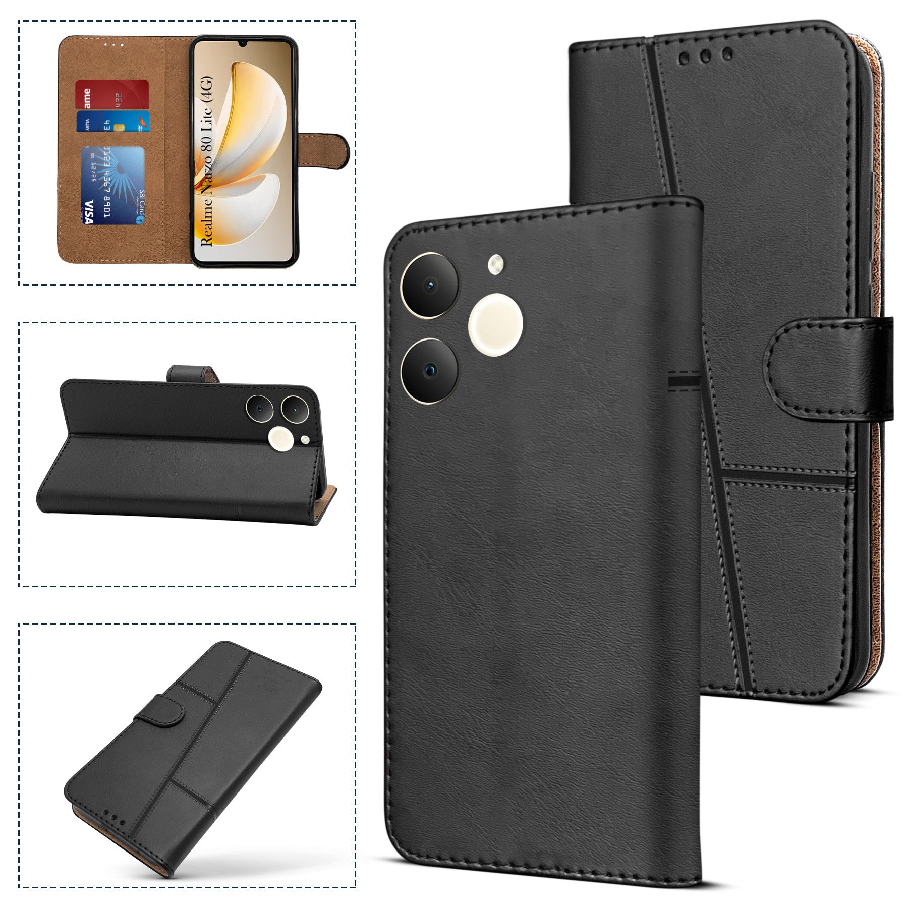 For Realme Narzo 80 Lite 4G Flip Cover Case ( Stitched Leather with Magnetic Closure)