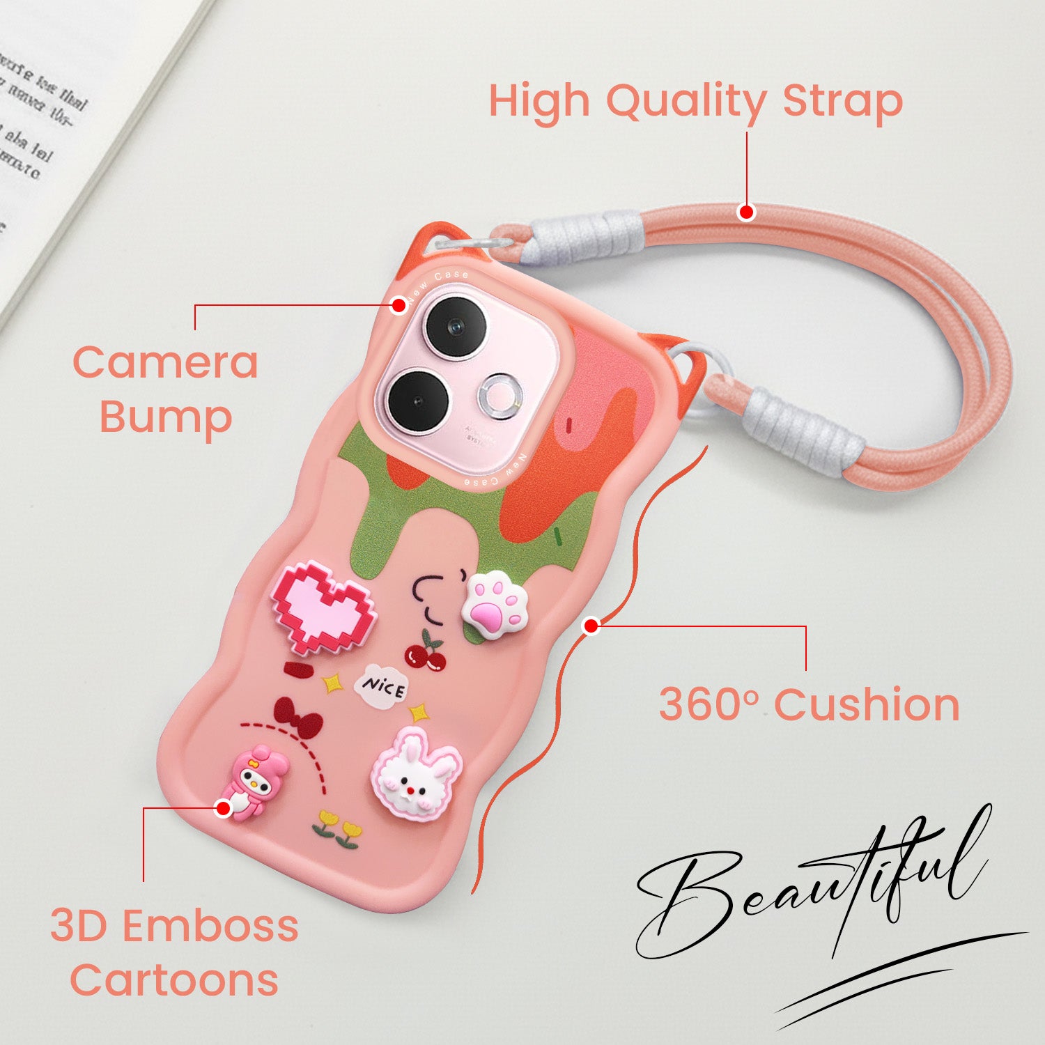 For Oppo A5 Pro Back Case Cover Strap(3D embossed Figures | Strap Holder | 360* Soft Cushion with Camera Bump)