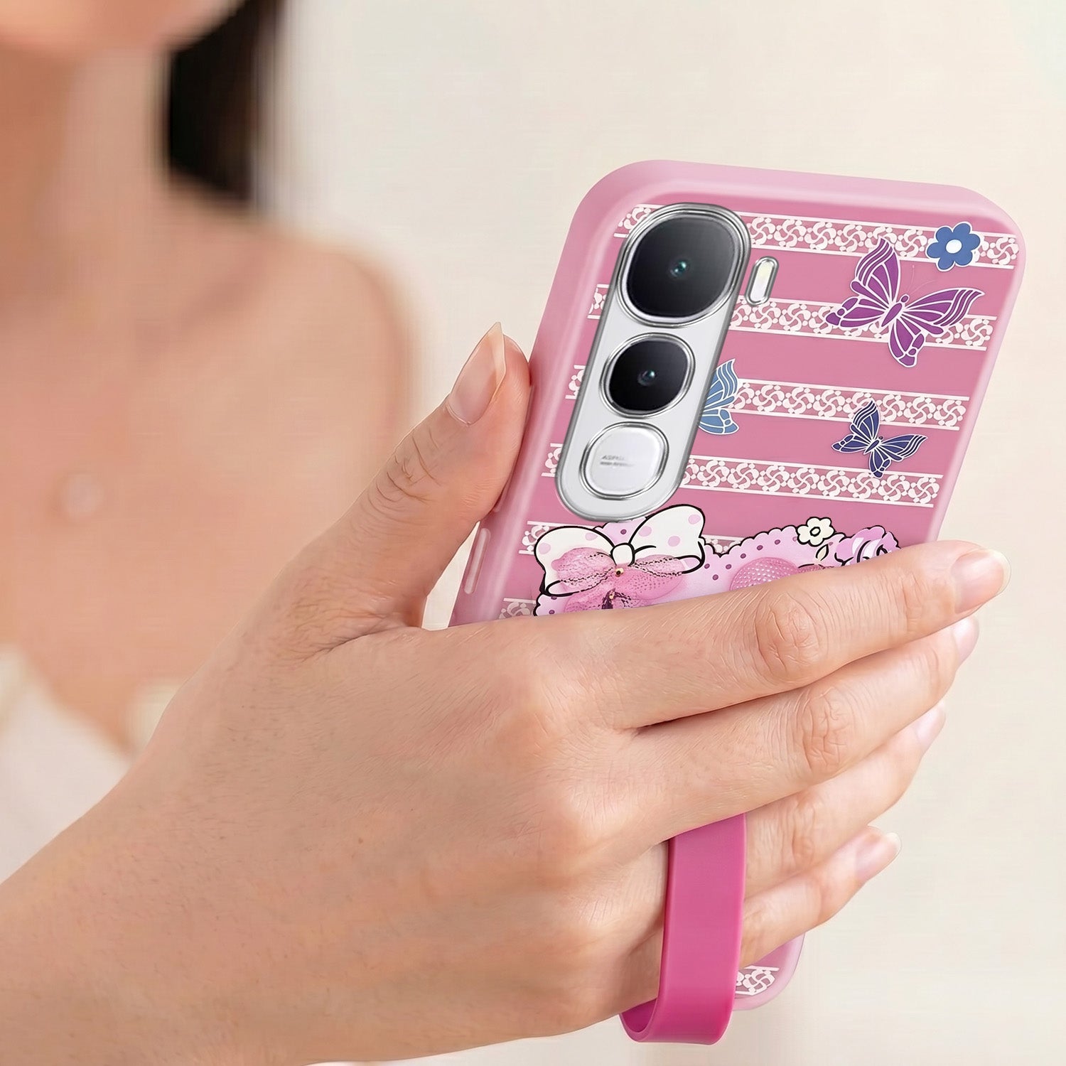 For Vivo Y400 Back Cover Case (3D Cute Heart Strap Holder | Camera Protection | Designer Girls Print)