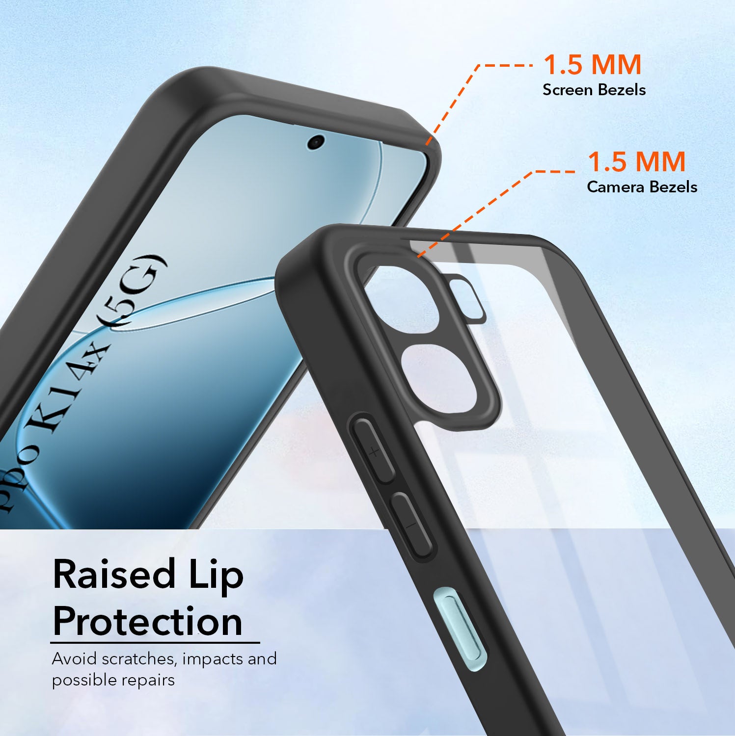 For Oppo K14x 5G Combo with Back Cover and 9H Tempered Glass (Lifetime Anti-Yellow | Crystal Clear Shockproof | Oleophobic Coating Screen Glass)