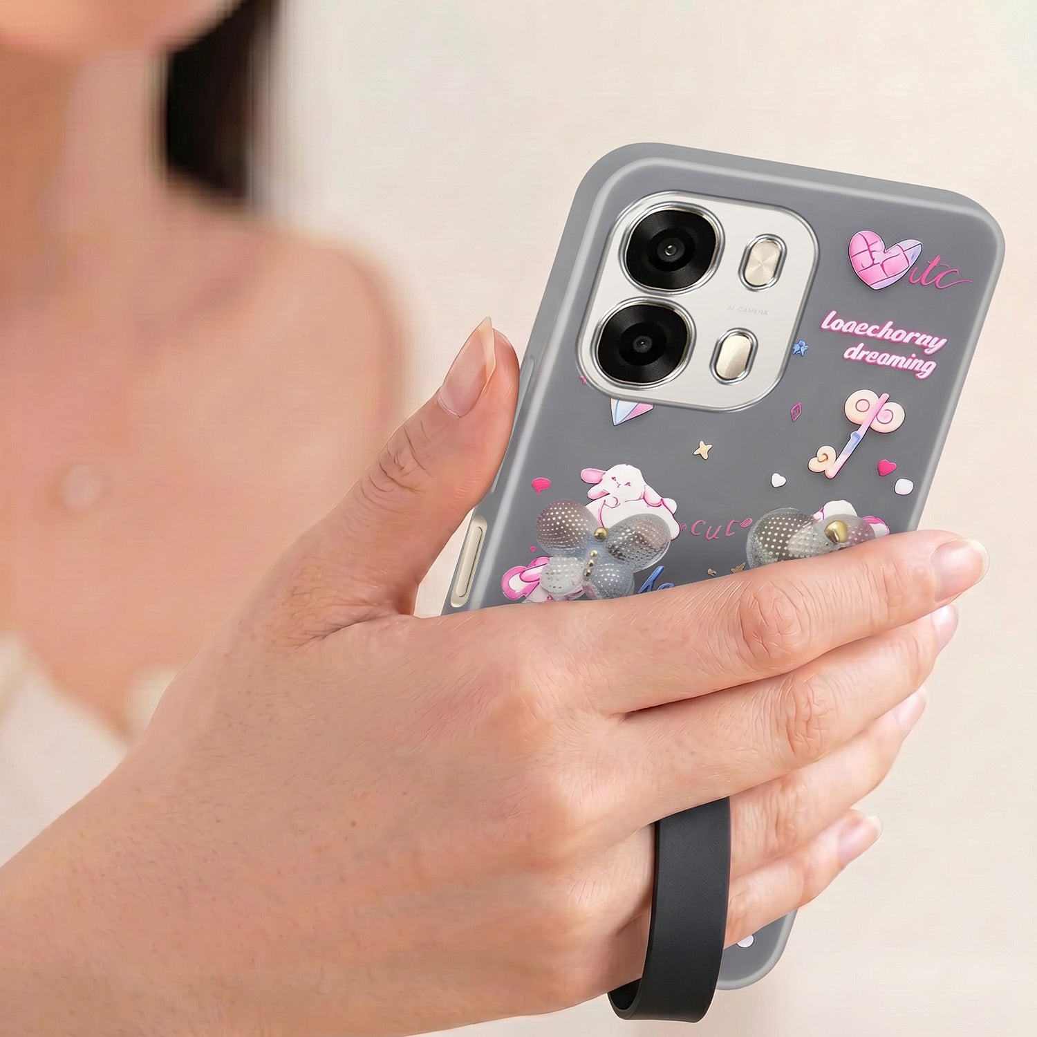 For Oppo A6 Pro Back Cover Case (3D Cute Heart Strap Holder | Camera Protection | Designer Girls Print)