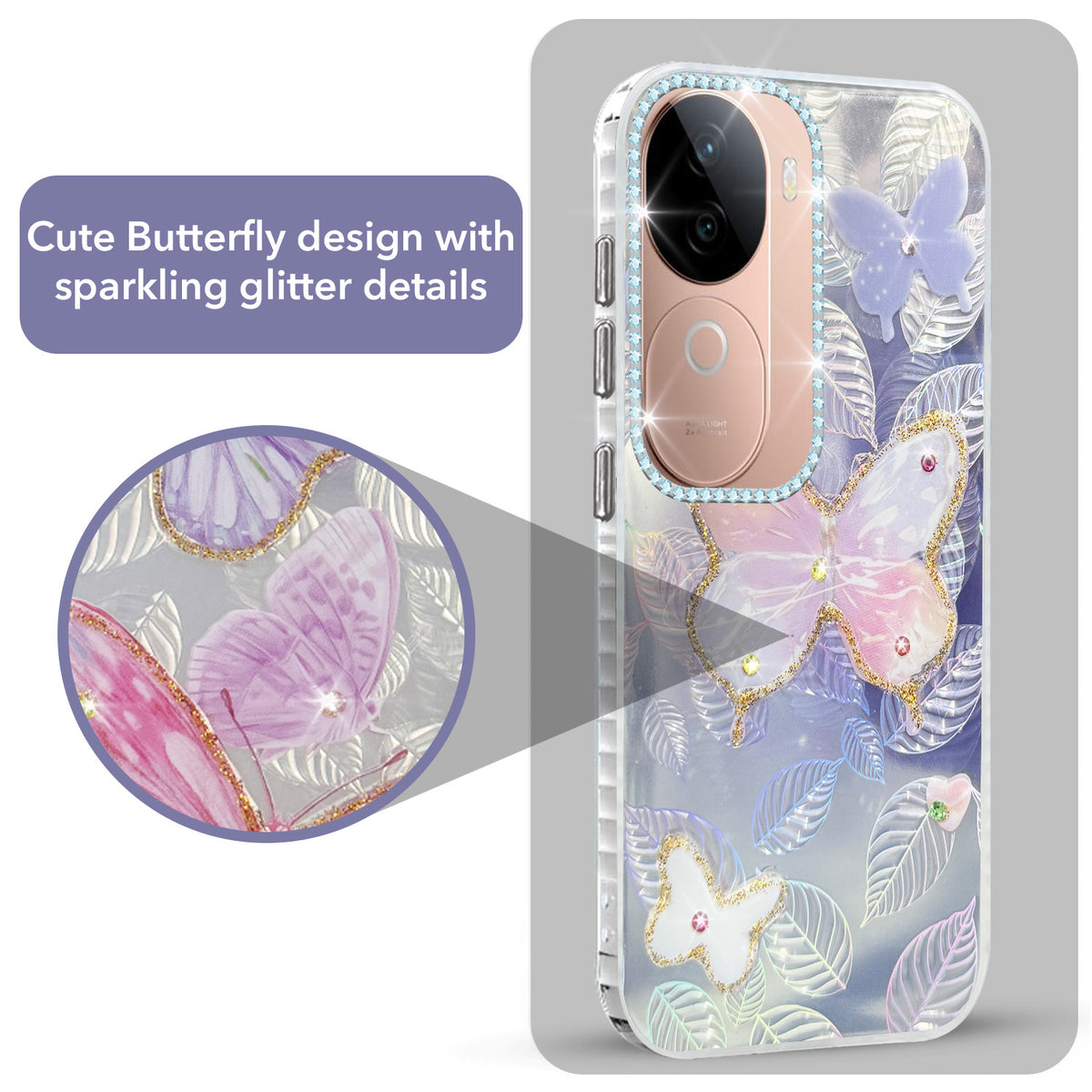 For Vivo V40e Back Cover Case (Luxury Floral Glitter Cute Butterfly | Diamond Studded Camera Bump | Girls & Women Design)