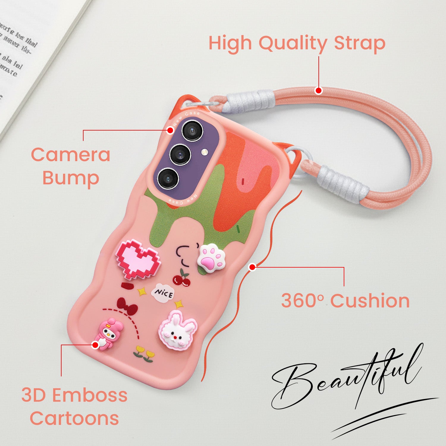 For Samsung Galaxy S23 FE 5G Back Case Cover Strap (3D embossed Figures | Strap Holder | 360* Soft Cushion with Camera Bump)