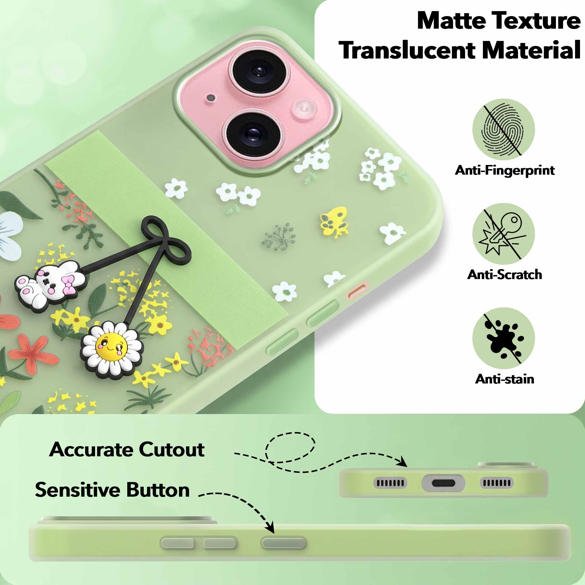 For Apple iPhone 15 Back Cover Case (3D Cute Cartoons | Hard Back Side Soft | Matte Premium Finish | HD Printing)
