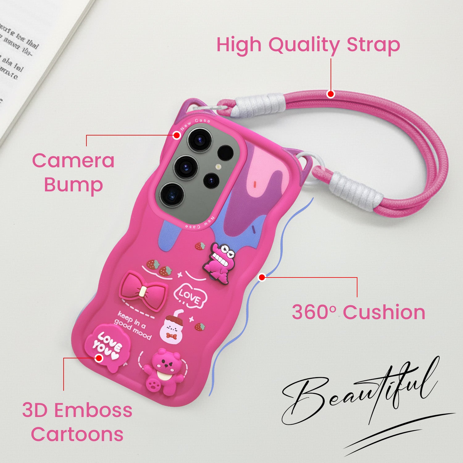 For Samsung Galaxy S23 Ultra Back Case Cover Strap (3D embossed Figures | Strap Holder | 360* Soft Cushion with Camera Bump)